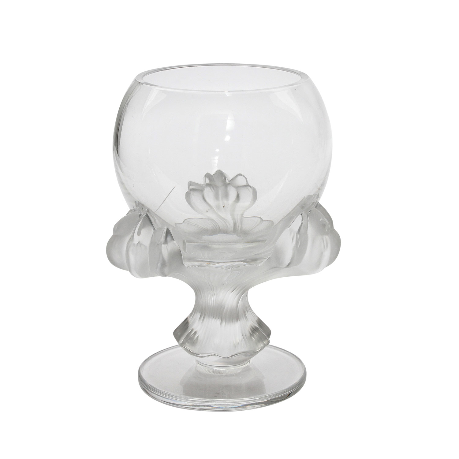 LALIQUE GLASPOKAL Frankreich, farbloses Kristallglas, von drei satinierten Klauenfüßen getragene,