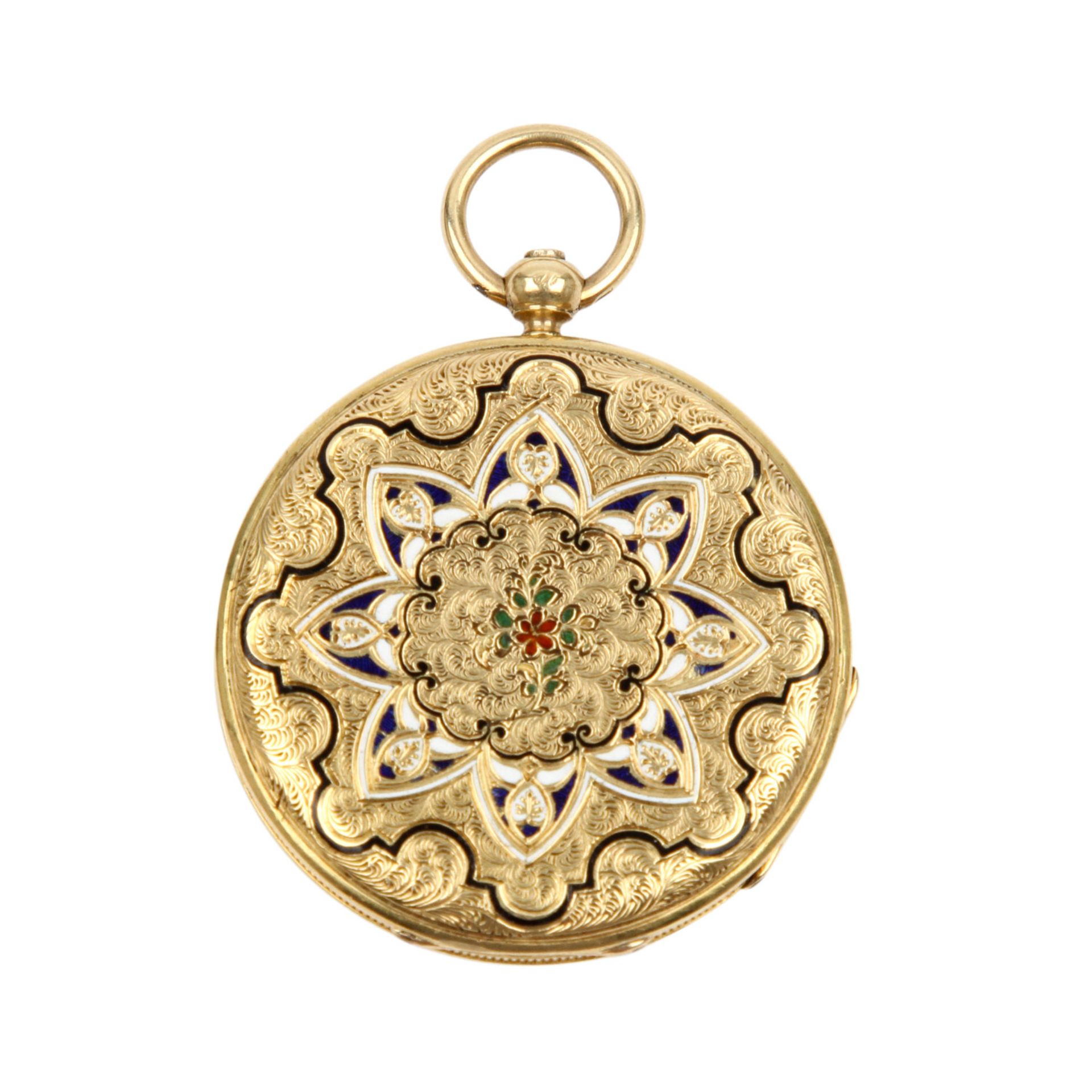 DAMENTASCHENUHR Gold 750/000, E.Z.Blatt , röm Zahlen, feine Zeiger, Rückseite emailliert ( - Image 4 of 4