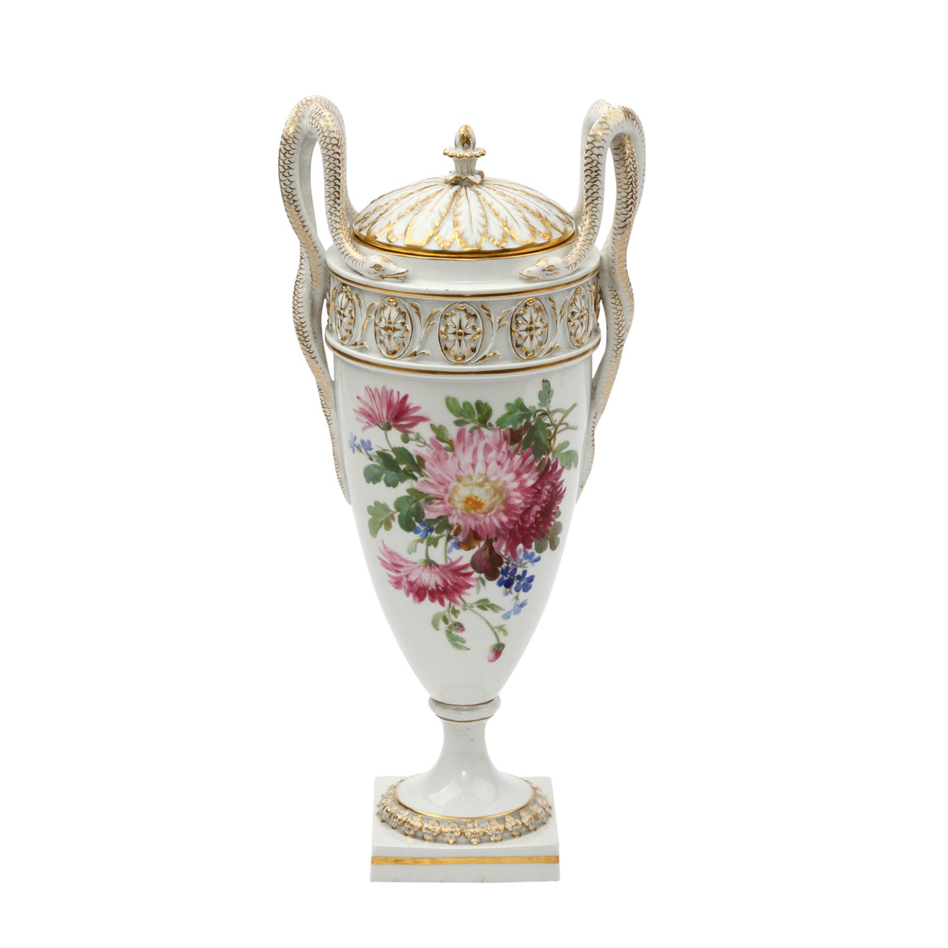 MEISSEN Schlangenhenkelvase, 20. Jhd. Weißporzellan mit reicher Goldstaffage und polychromer