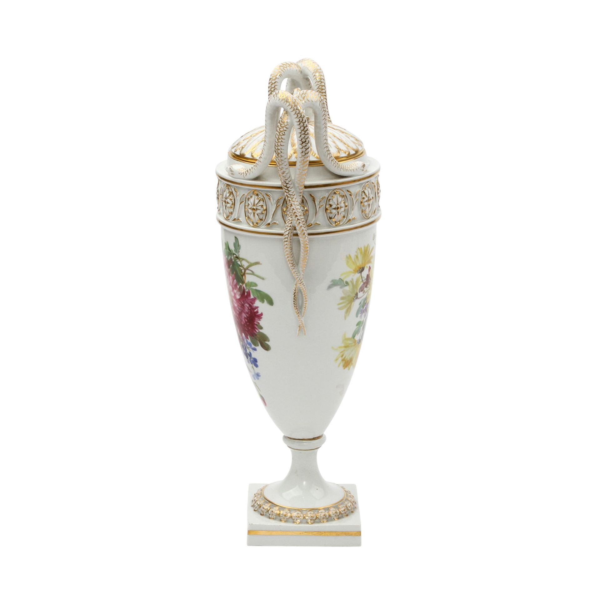 MEISSEN Schlangenhenkelvase, 20. Jhd. Weißporzellan mit reicher Goldstaffage und polychromer - Image 4 of 11