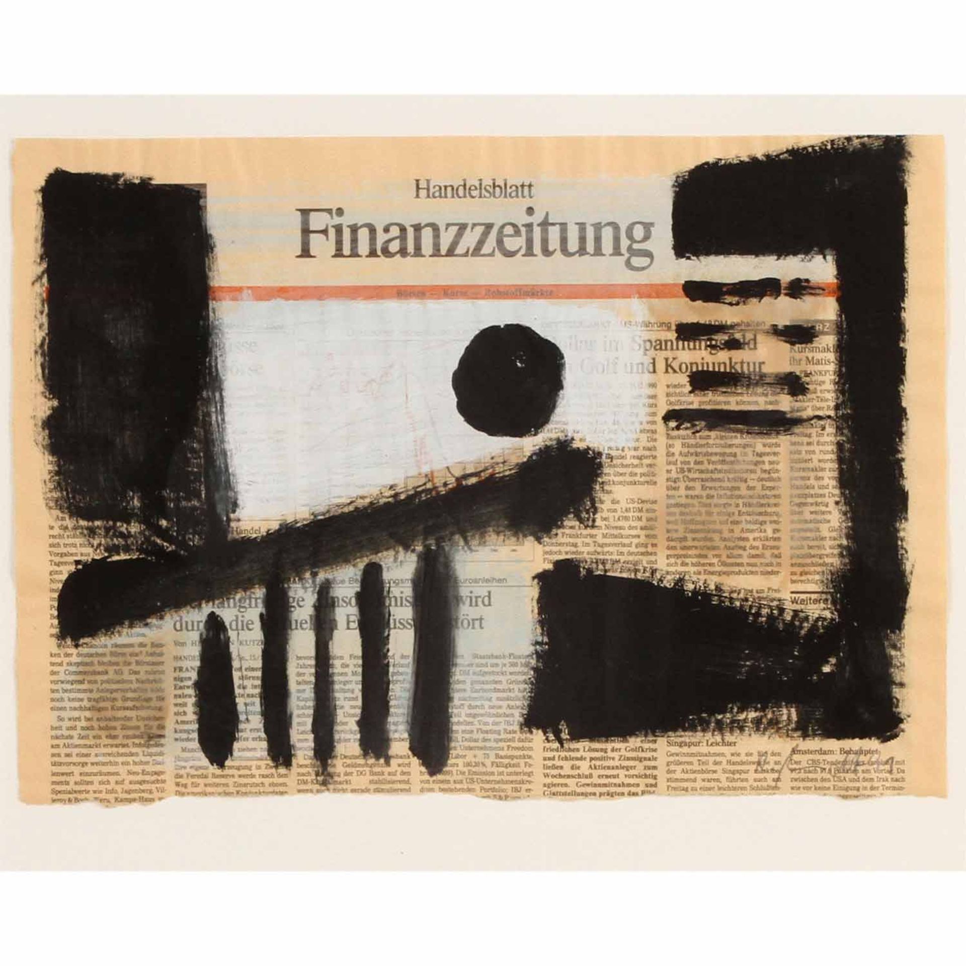 KÜNSTLER/IN 20./21. Jh. (undeutl. sign.), "Handelsblatt, Finanzzeitung", 1991, übermalte, halbe