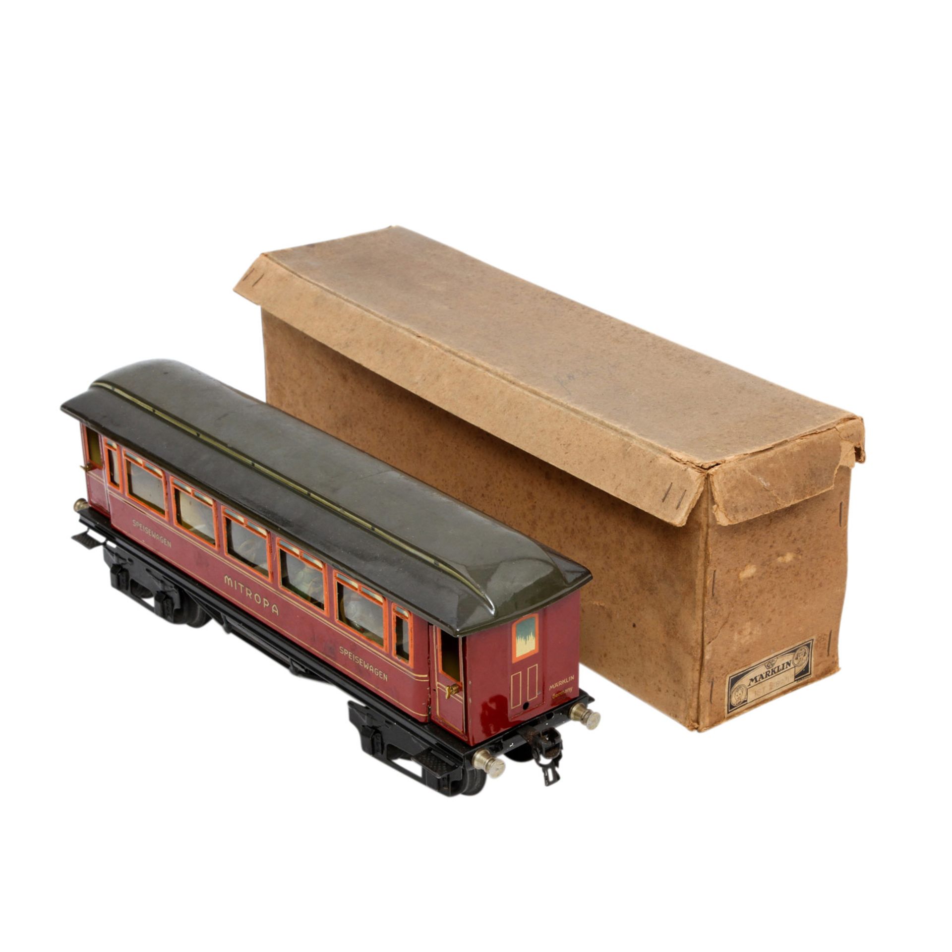 MÄRKLIN Mitropa-Speisewagen 1888 Sp, Spur 1, 1929-1937, Blech, rot lithogr., 4-achsig, 4 Angeltüren,