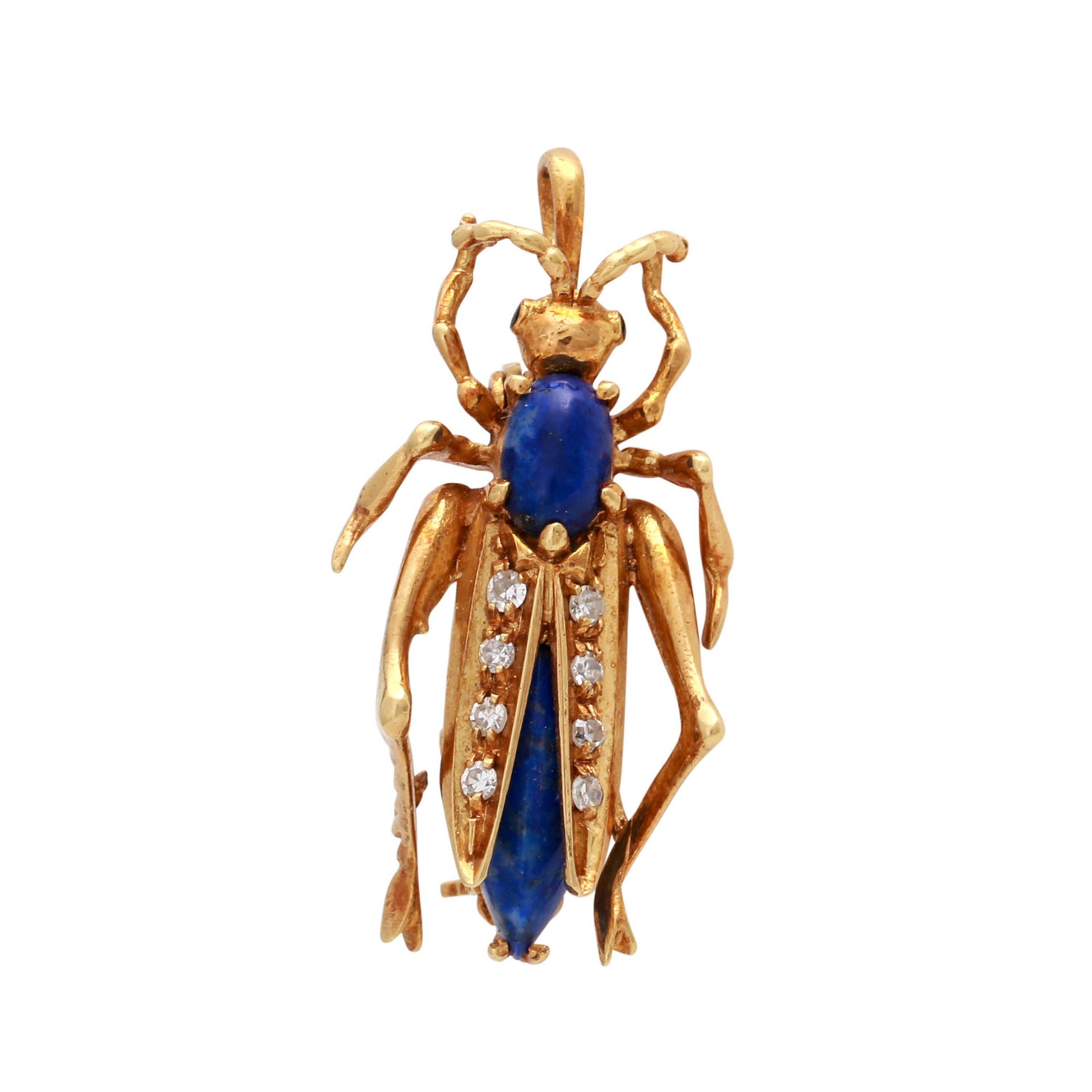 Anhänger/Brosche "Heuschrecke" mit Achtkantdiamanten von zus. ca. 0,10 ct und Lapislazuli, Gold 18K,