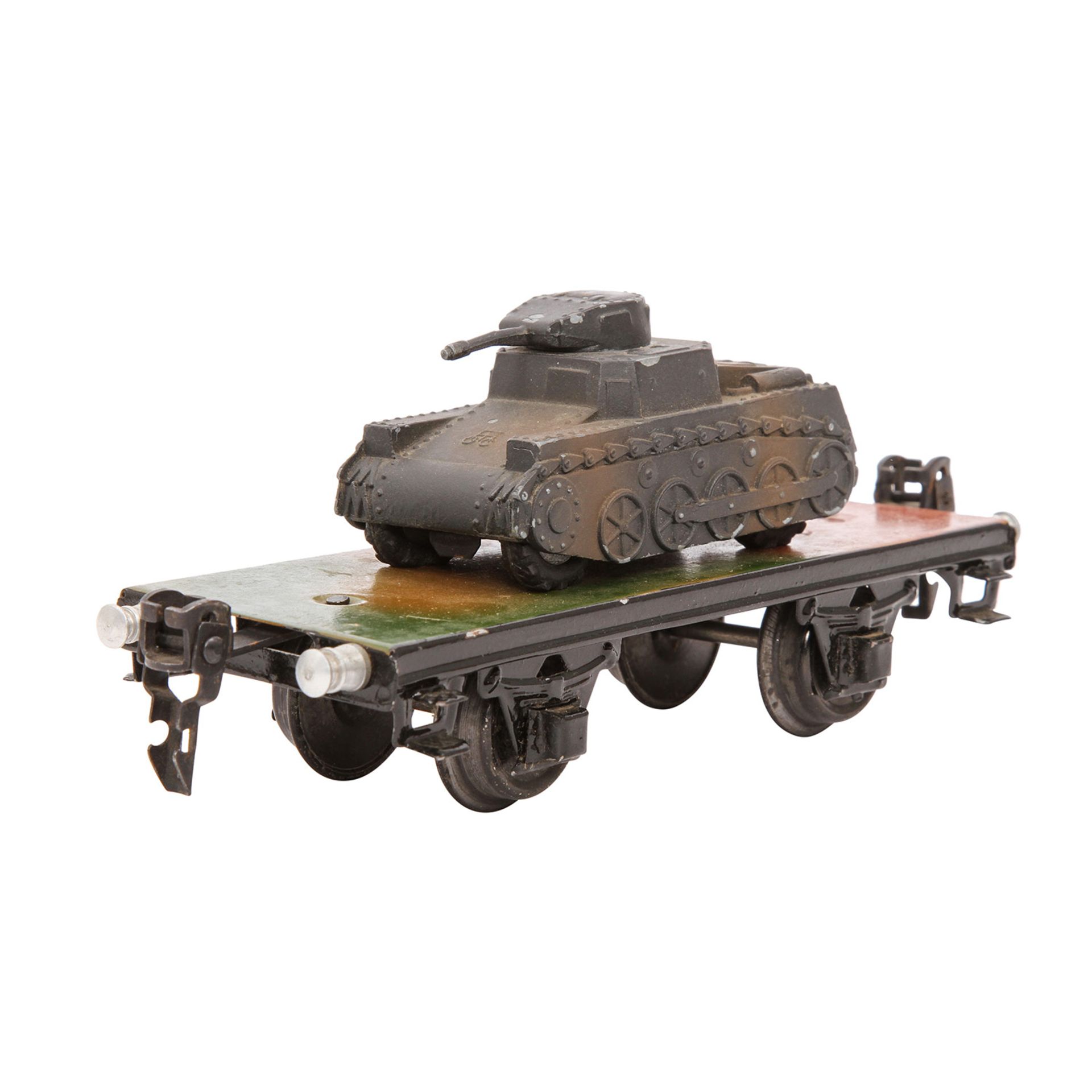 MÄRKLIN Plattformwagen mit Panzer 1770/01, Spur 0, 1939-1940, Blech, mimikry lack., 2-achsig, grauer - Image 9 of 9