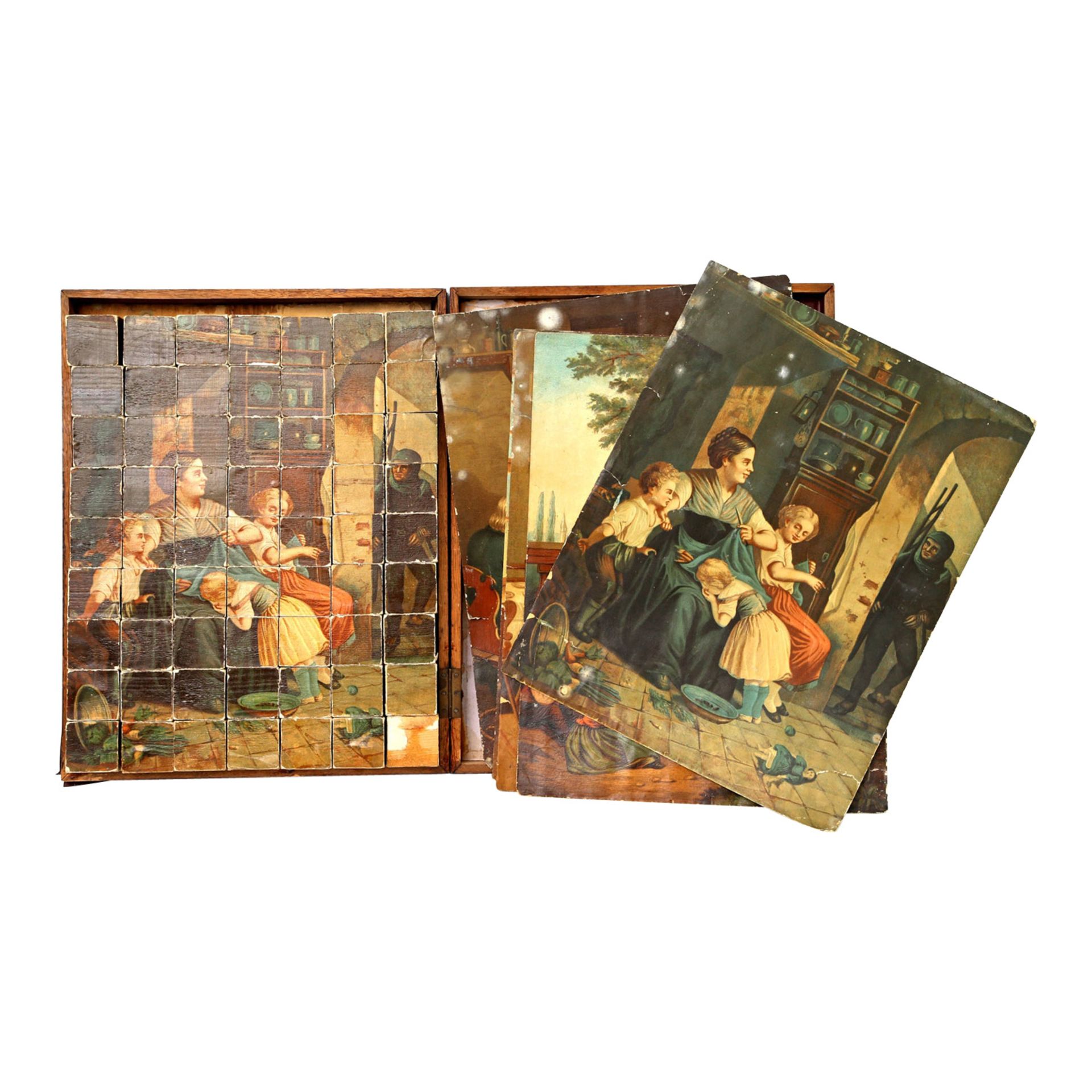 Würfelpuzzle, 1920er Jahre, im Holzkasten m. Chromolithografie auf Deckel, 5 chromolithogr.