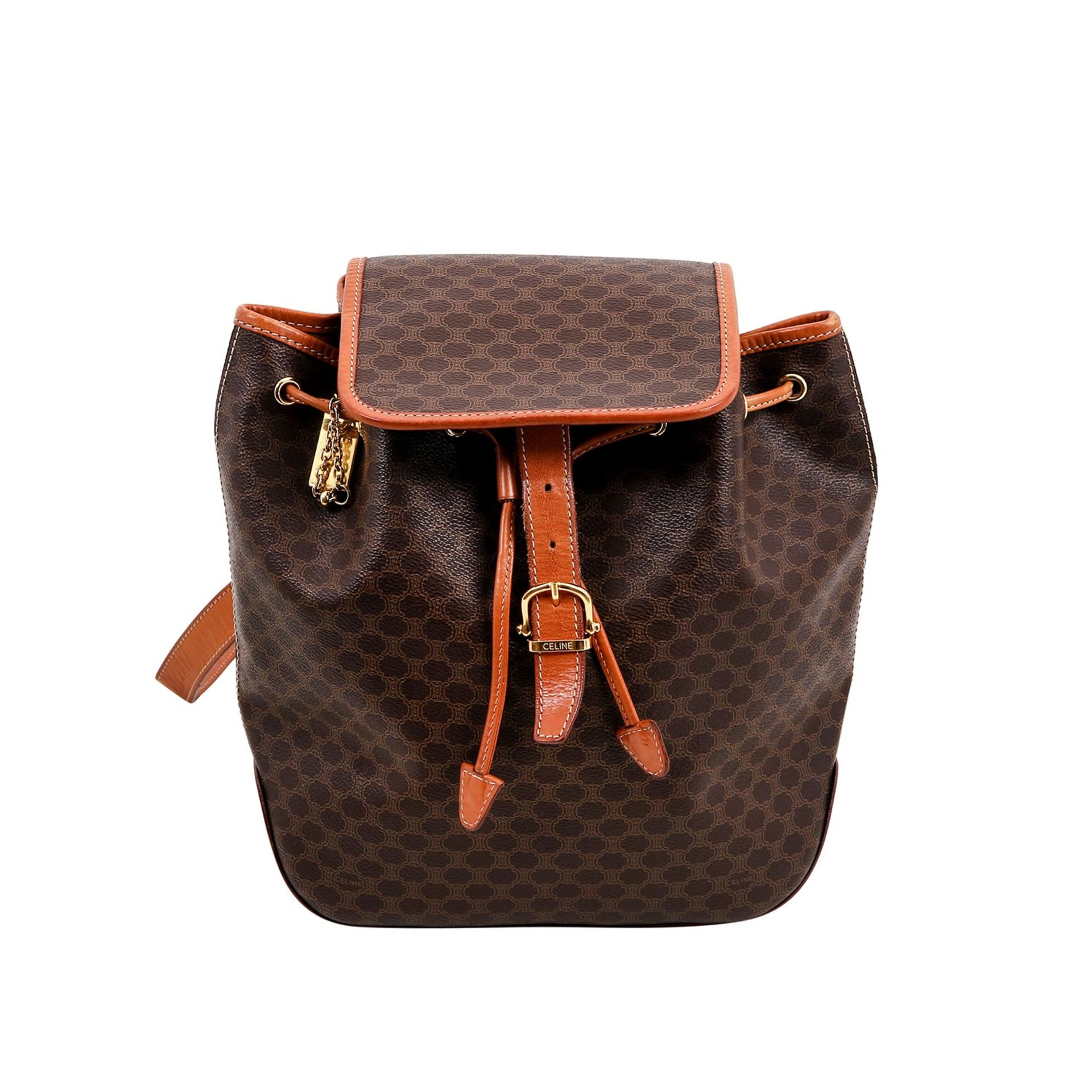 CÉLINE VINTAGE Rucksack.Beschichtetes Canvas mit Logo-Monogramm, cognacfarbenen Lederdetails,