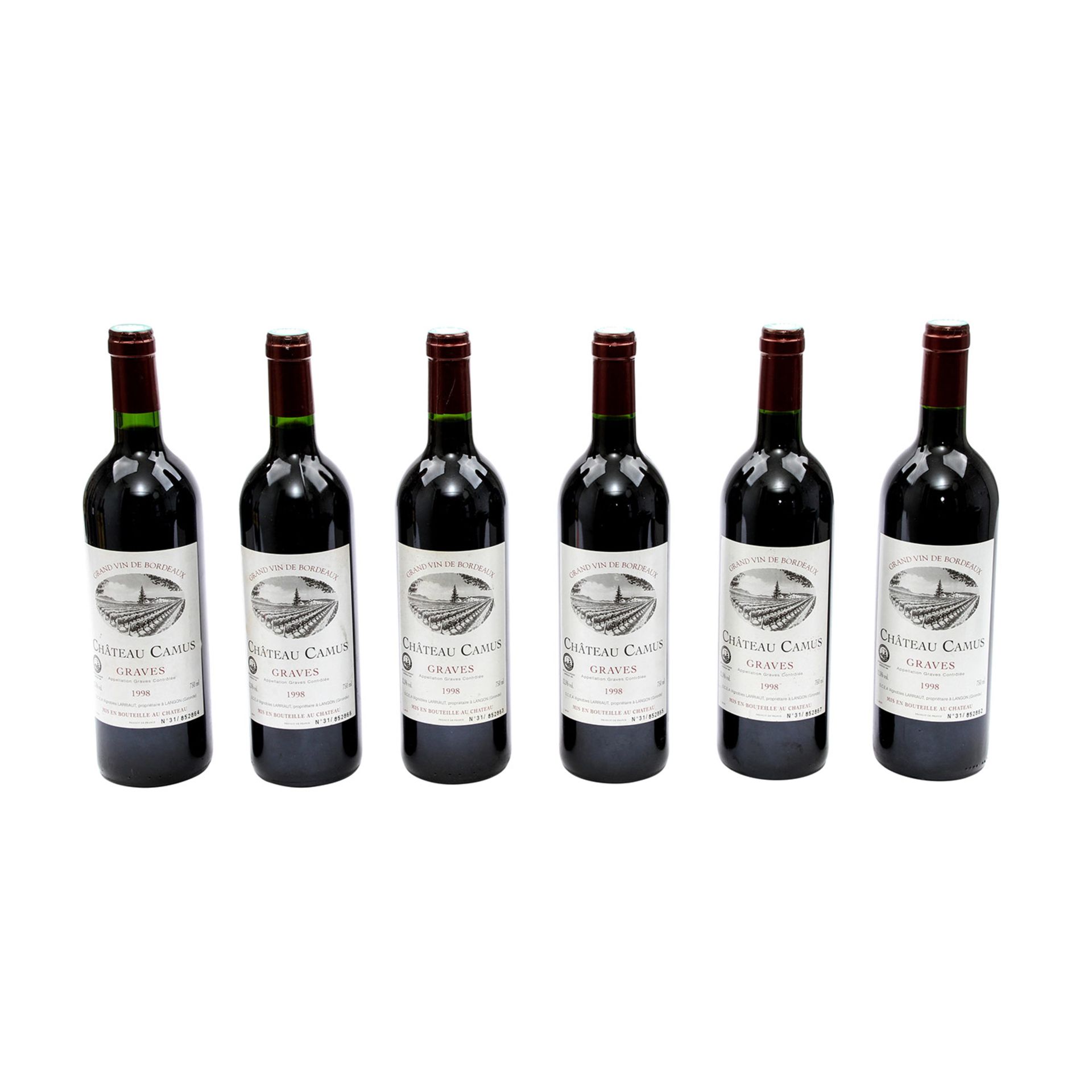 6 Flaschen CHÂTEAU CAMUS GRAVES, 1998Bordeaux, Frankreich, Rebsorte: Bordeaux, 12% Vol., 750 ml,