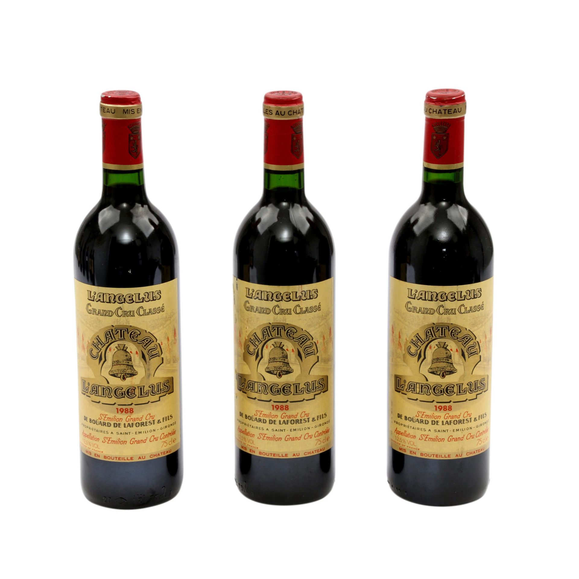 3 Flaschen CHÂTEAU L'ANGELUS St. Emilion Grand Cru 1988Bordeaux, Frankreich, Rebsorte: Bordeaux,