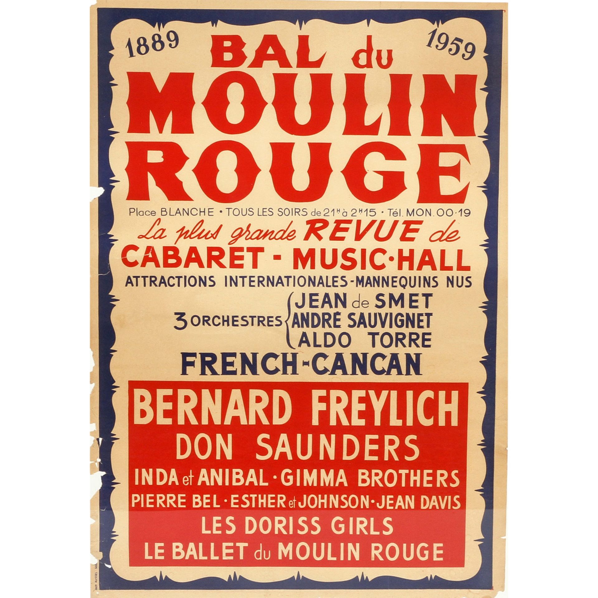 Plakat "BAL DU MOULIN ROUGE", 1889-1958, La plus grande Revue de Cabaret - Music-Hall,French CanCan,