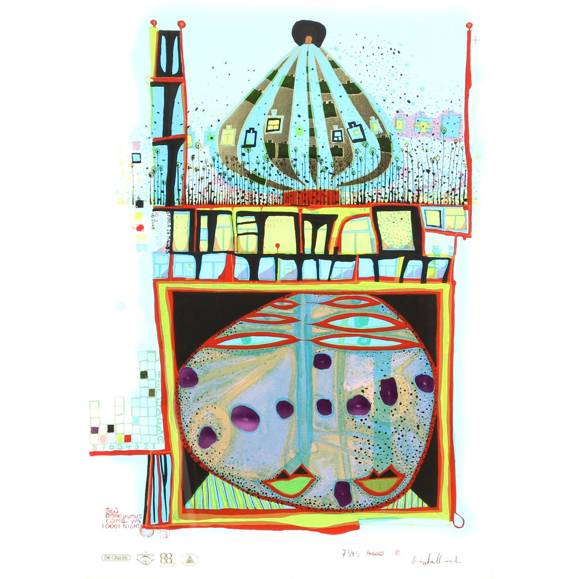 HUNDERTWASSER, FRIEDENSREICH (1928-2000), "Homo Humus come va 10001 Nights",Farbserigraphie mit