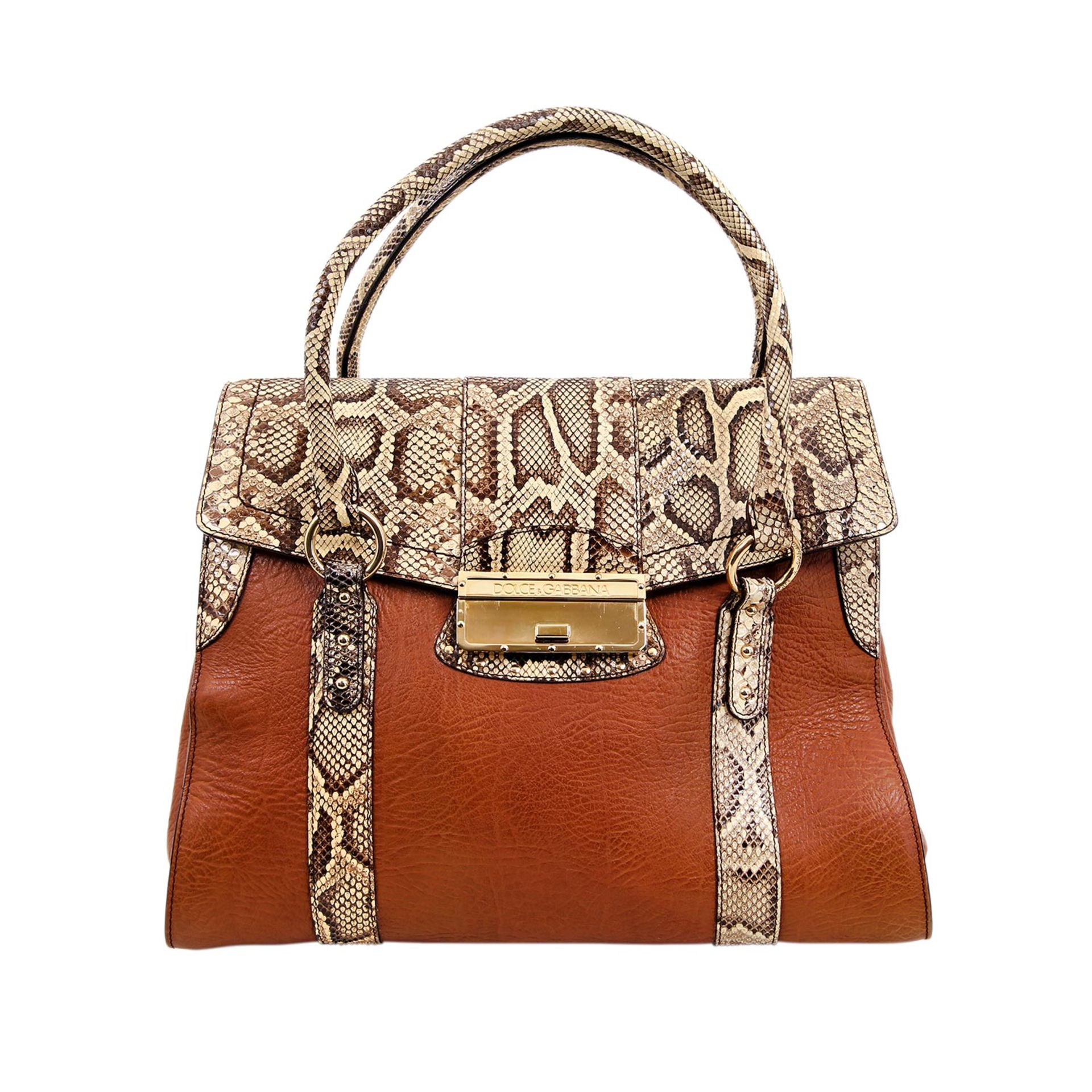 DOLCE&GABBANA City-Bag.Üppiges Format aus cognacfarbenem, genarbtem Leder mit Pythonhaut-