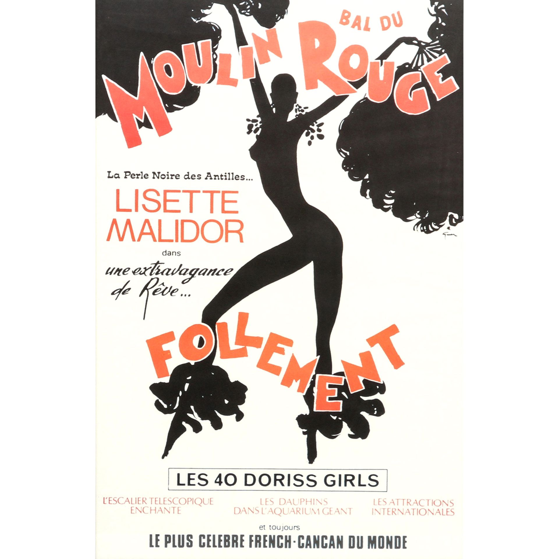 Plakat zur Show "BAL DU MOULIN ROUGE - FOLLEMENT", mit Lisett Malidor, Paris, 1976, Entwurf RENÈ