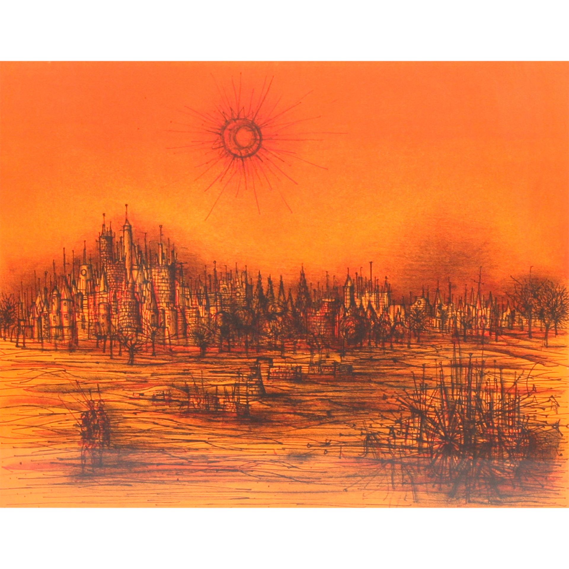 CARZOU, JEAN (1907-2000, französischer Künstler), "Le Burg",Sonne über der Stadt, in Orangerot,