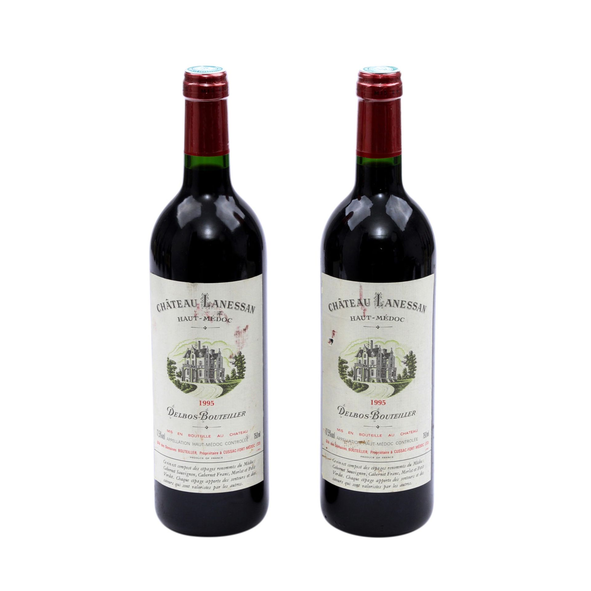 2 Flaschen CHÂTEAU LANESSAN Haut-Medoc 1995Bordeaux, Frankreich, Rebsorte: Bordeaux, 12% Vol., 750