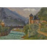 LOOG (Maler 19./20. Jh.), "Burg und Zollstation an einer Bogenbrücke über den Fluss",im