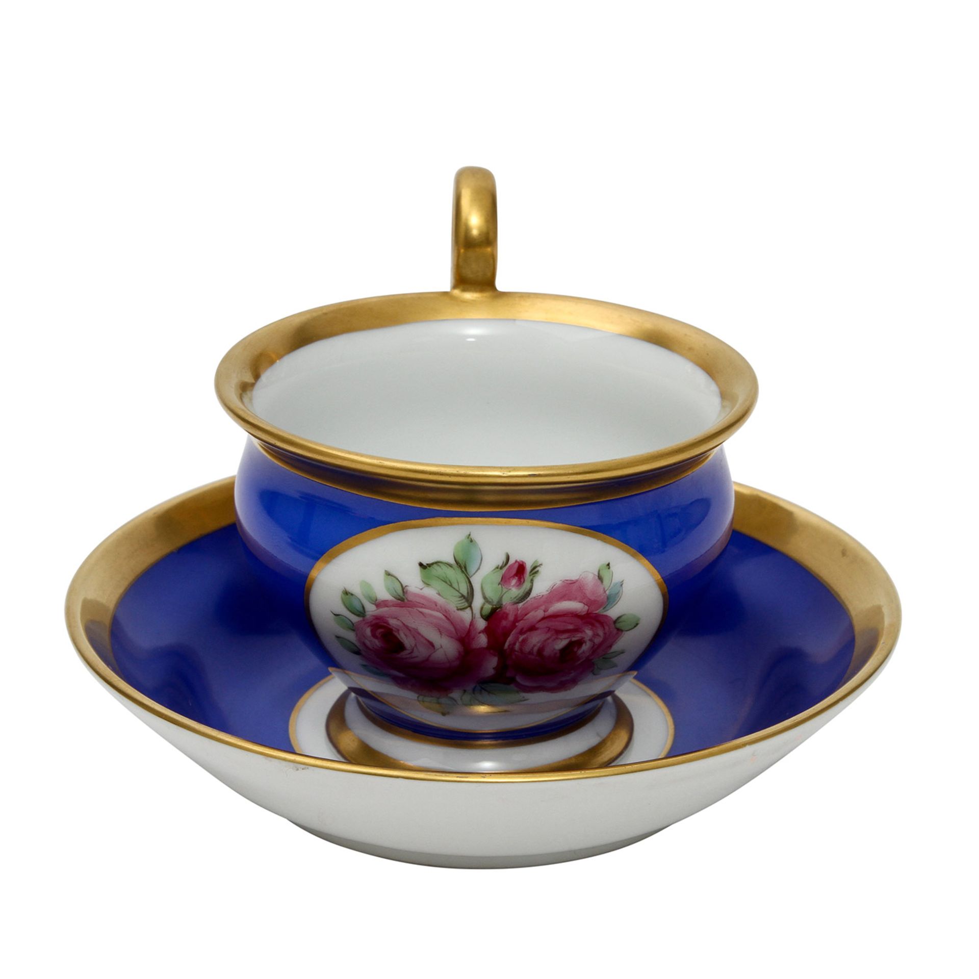 ROSENTHAL Gedeck, um 1910Tasse im Empire-Stil mit frontaler Rosenmalerei in Goldreserve sowie - Image 3 of 5