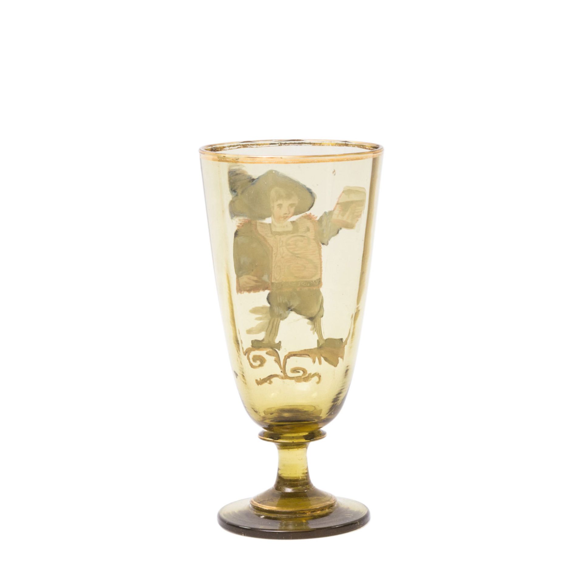 BÖHMEN Kelchglas, Ende 19. Jh.grünes Glas, Emailmalerei: Landsknecht mit Bierkrug, Golddekor, - Image 2 of 5