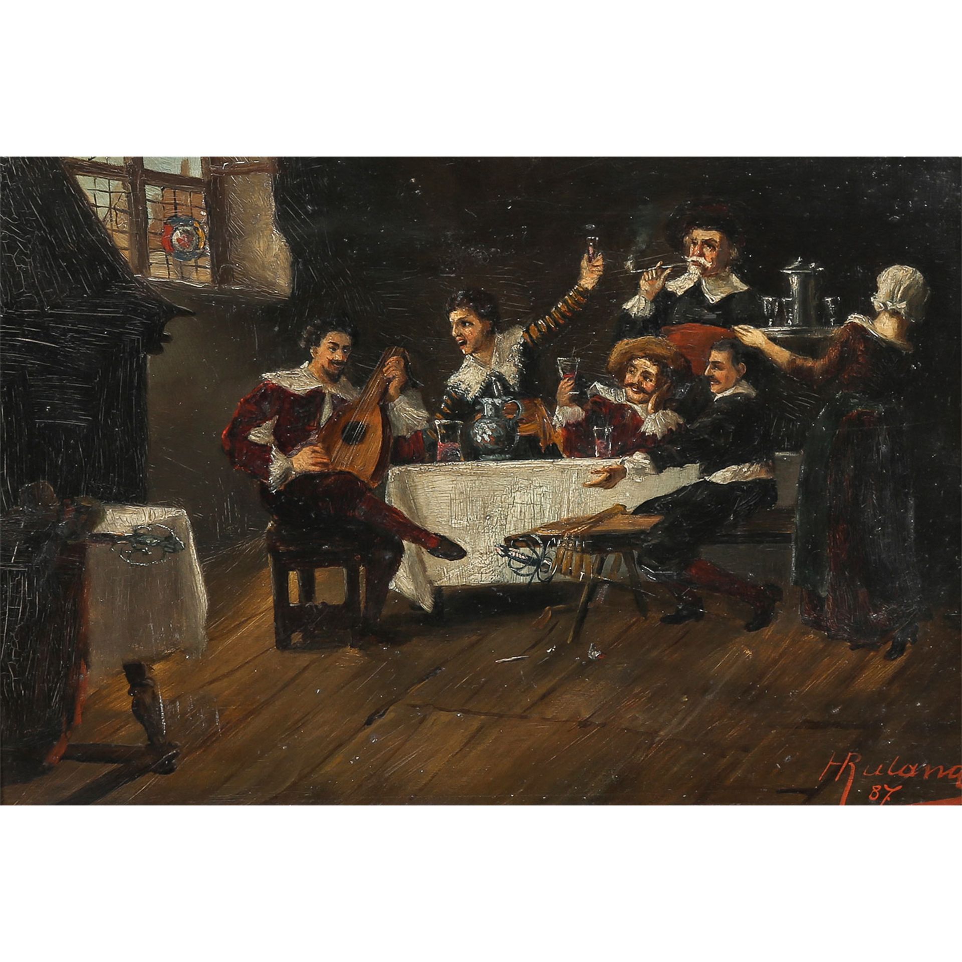 RULAND, HEINRICH (München 1866-1900 ebenda), "Landsknechte im Wirtshaus",beim Musizieren und Trinken