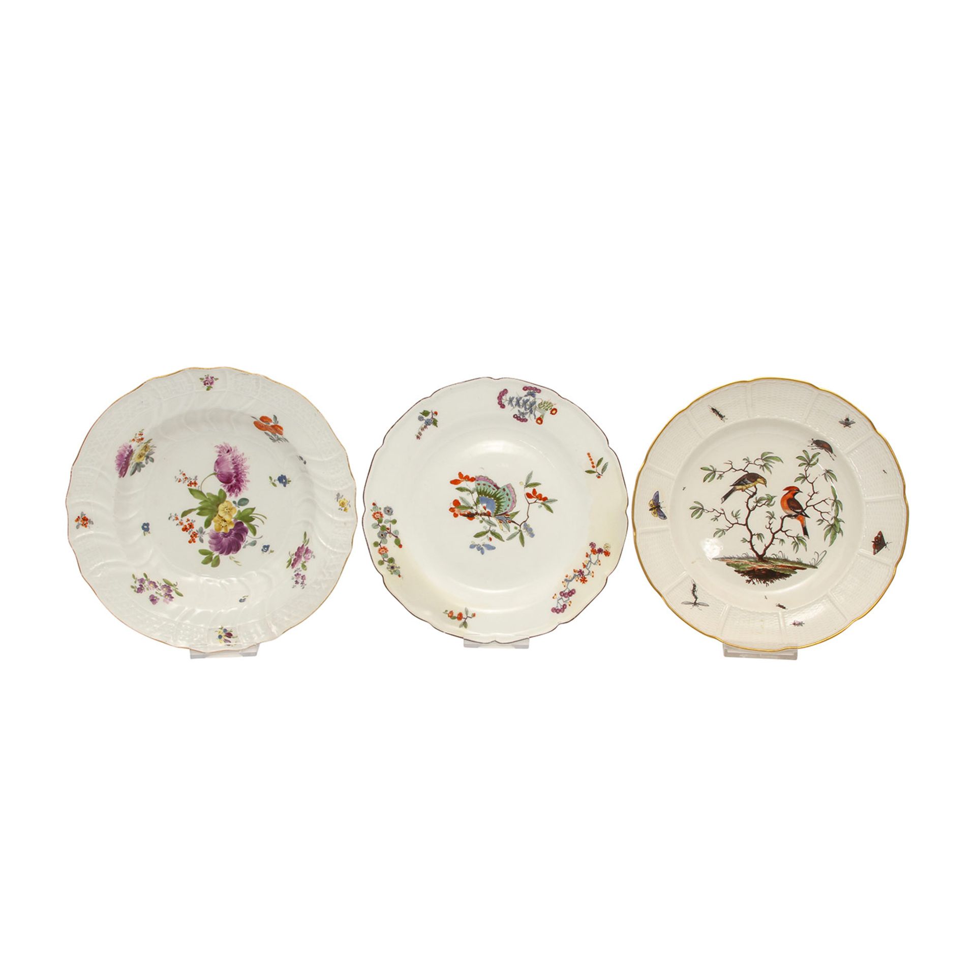 MEISSEN/LUDWIGSBURG Drei Teller, Mitte 18./19. Jh.MEISSEN: flacher Teller, Dekor: "bunter,