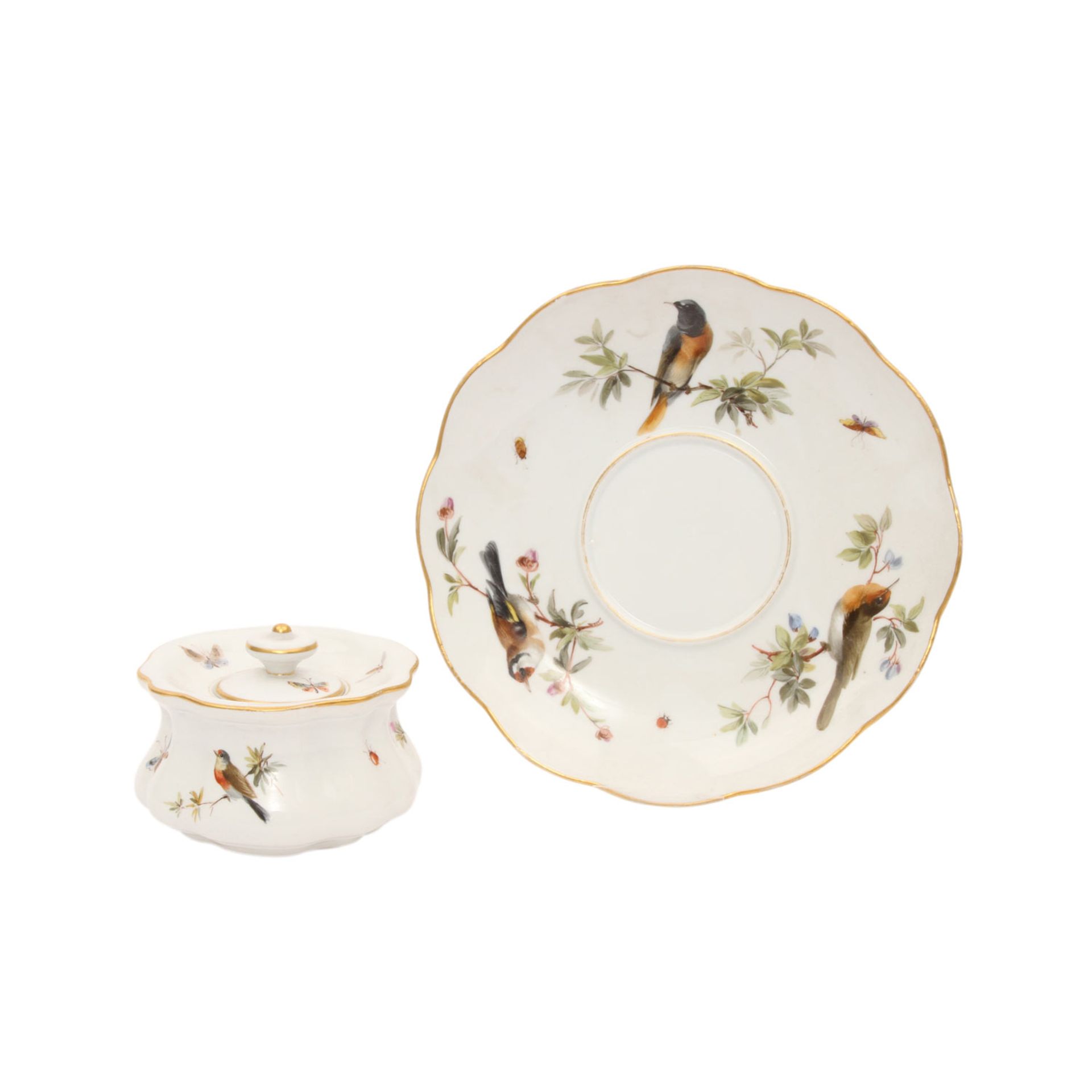 MEISSEN Tintenfass mit Unterschale, 1870-1924.Polychrome Malerei von Vögeln und Insekten, - Image 2 of 7