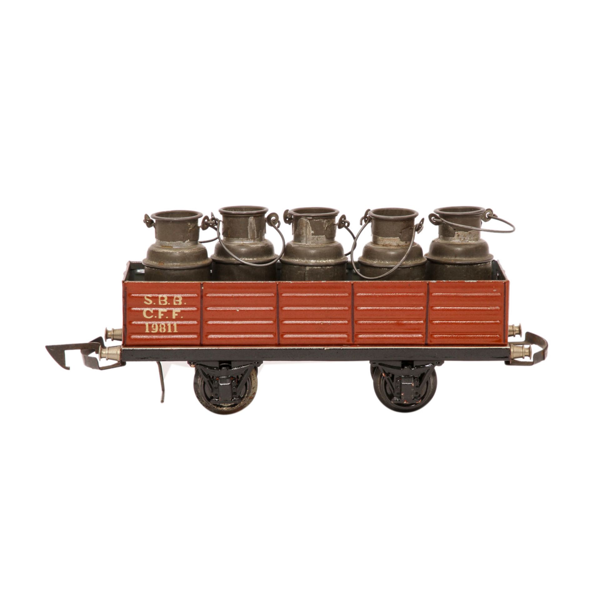 MÄRKLIN u.a. Offener Güterwagen mit Ladung, Spur 1, 1924-1931,Blech, braun lack., 2-achsig, - Image 3 of 7