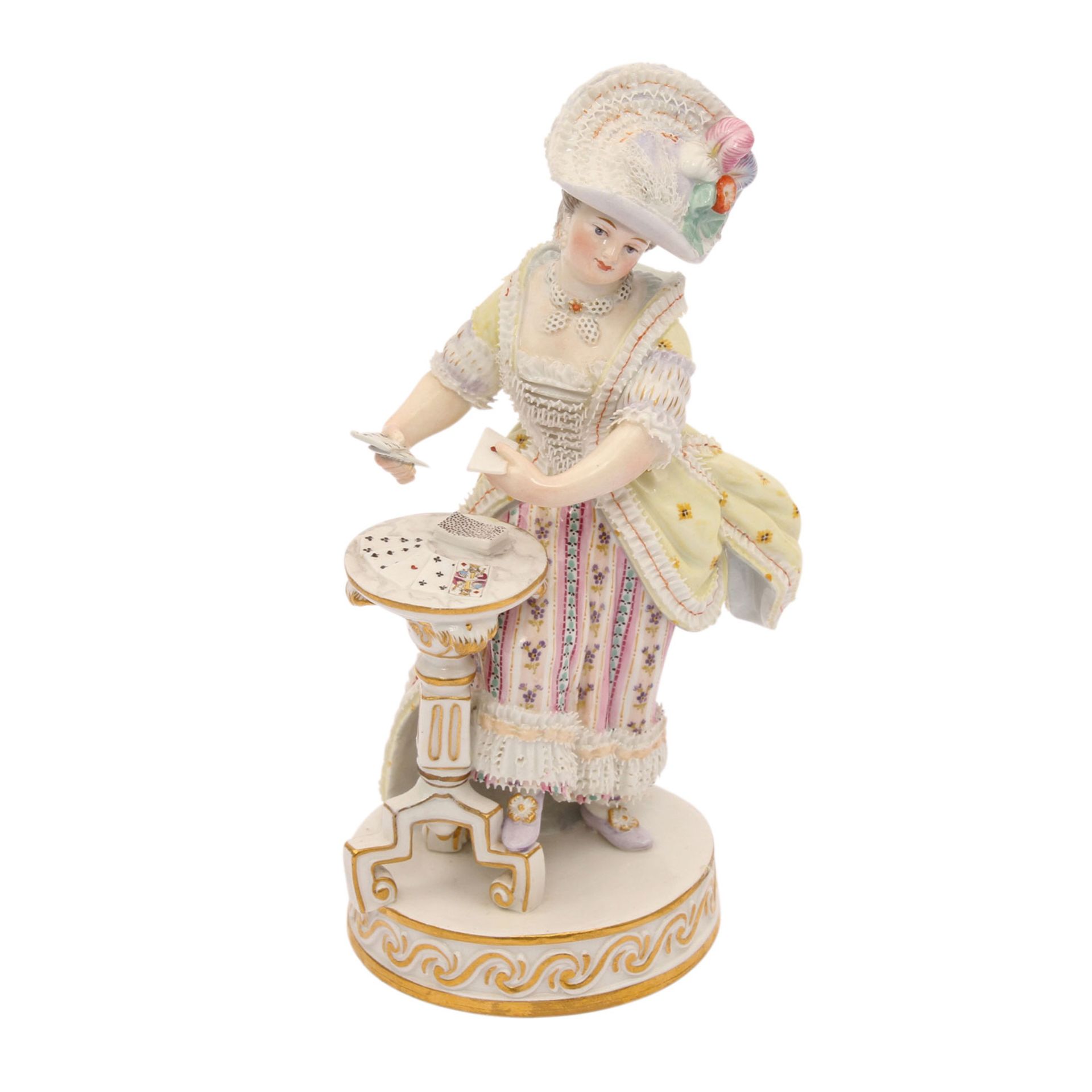 MEISSEN "Die Kartenspielerin", 1870-1924.Modell von Michel Victor Acier 1775, Dame mit aufwendig