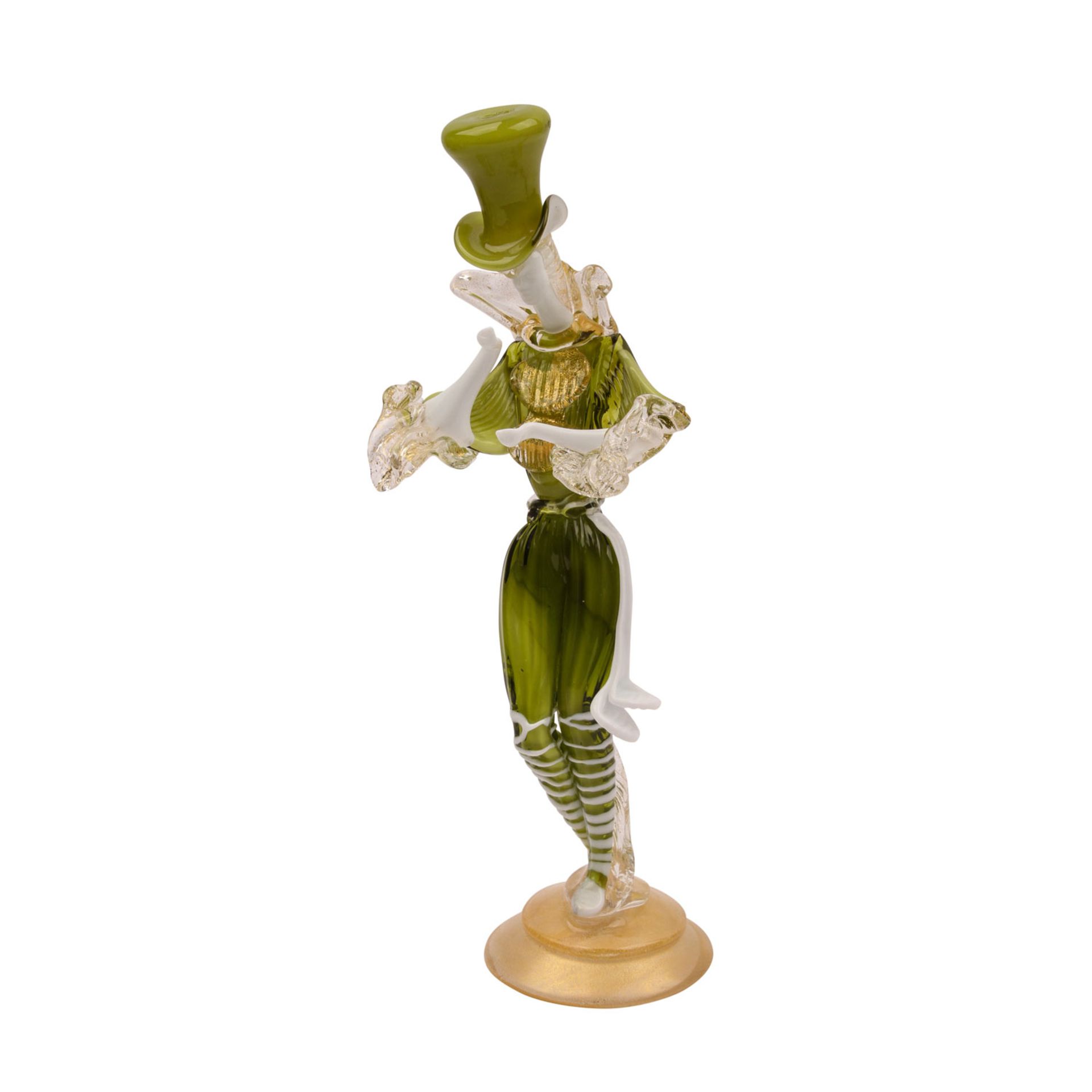 MURANO Ars Vetraria. Glasfigur, 20. Jh..Langgestreckte Figur mit einem grünen Kostüm und Zylinder