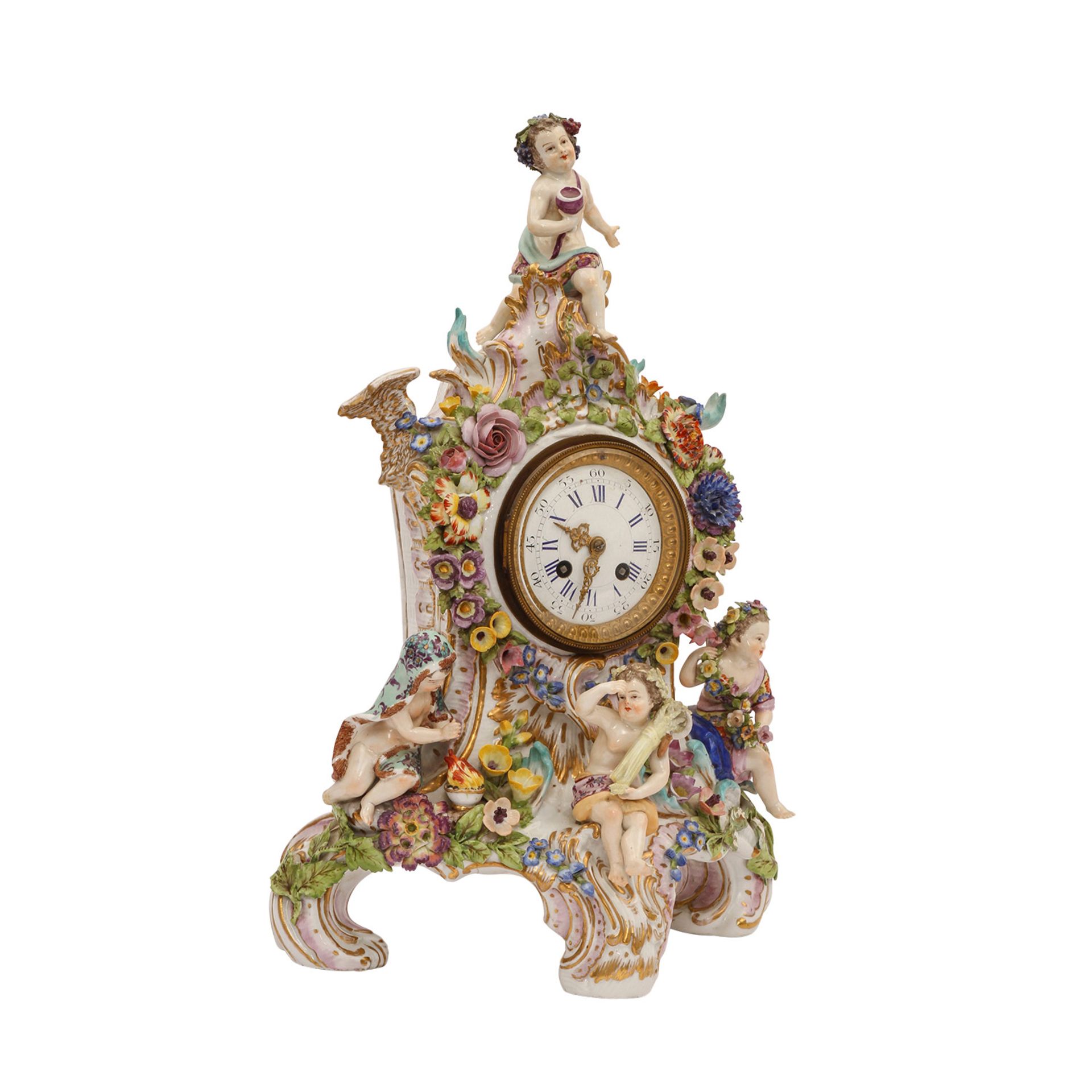 WOHL MEISSEN, 18./19. Jh.: Prunkpendule mit Allegorien der Jahreszeiten, um 1900,Wohl nach einem