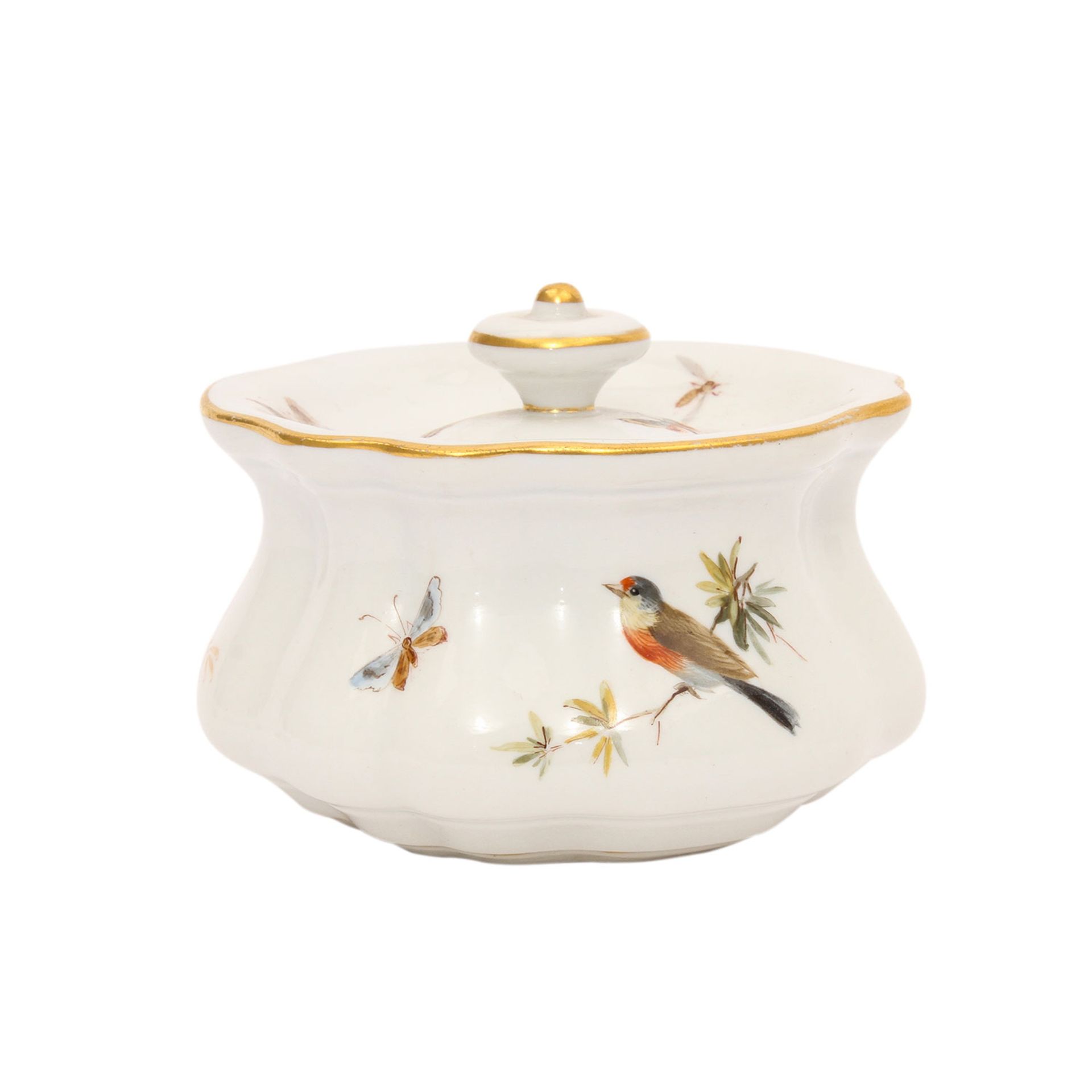 MEISSEN Tintenfass mit Unterschale, 1870-1924.Polychrome Malerei von Vögeln und Insekten, - Image 3 of 7