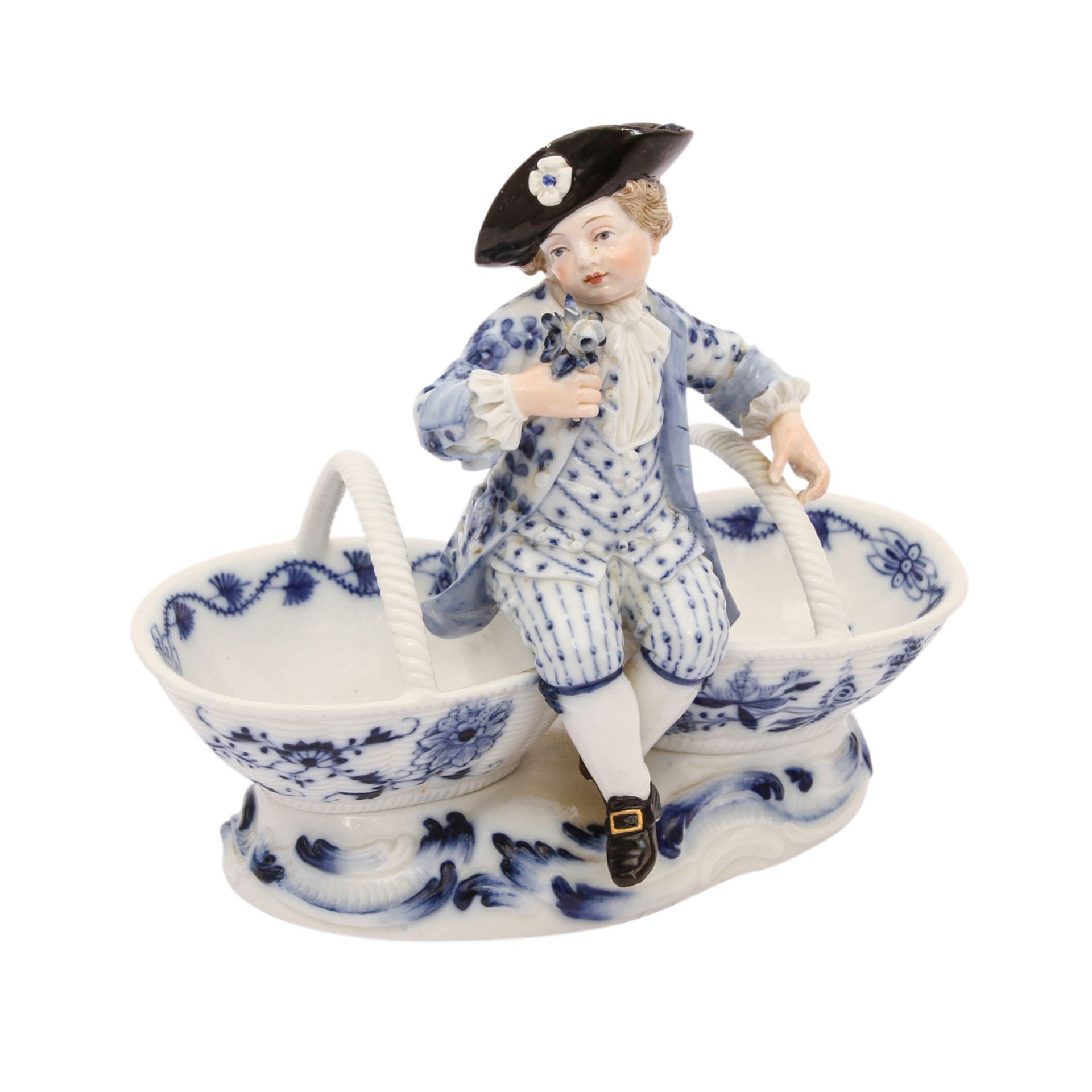 MEISSEN Figurenschale, 1870-1924."Knabe, zwischen zwei Körben sitzend", Blaumalerei mit