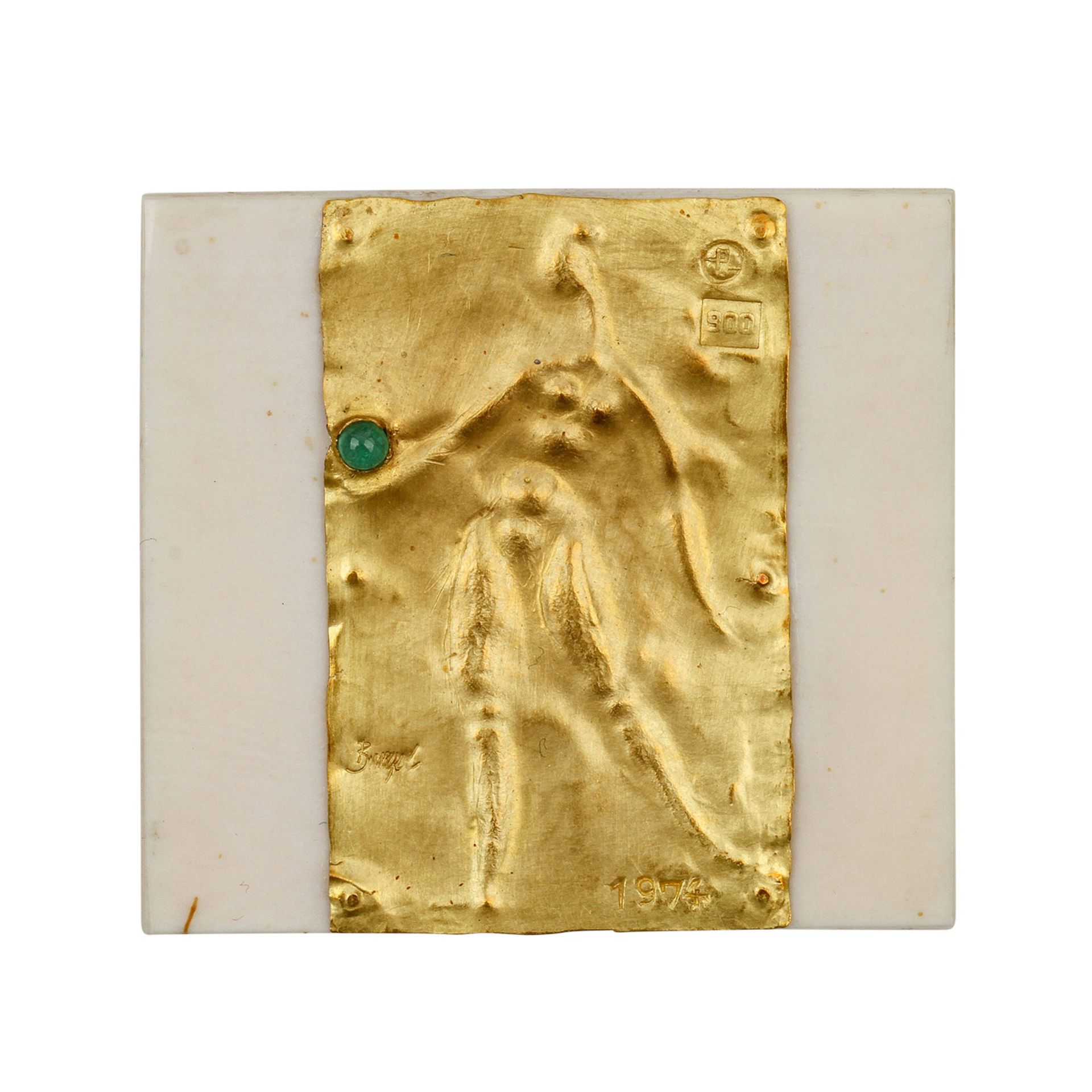 Goldminiatur "Frauenakt" (1974) von E. BURGEL,Gold 900, mit 1 Smaragd, getrieben + ziseliert, auf - Image 2 of 6