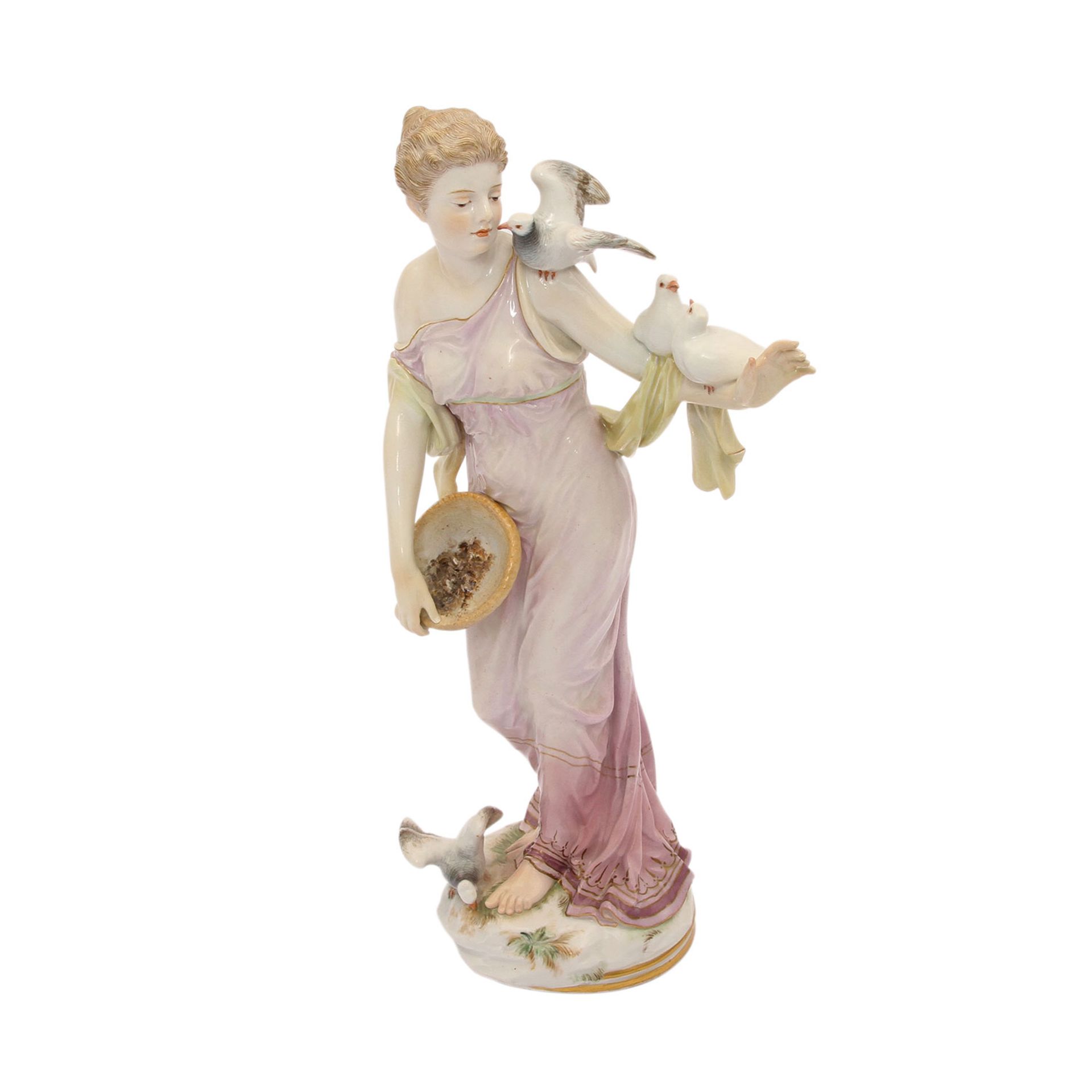 MEISSEN seltene Jugendstil-Figur "Tauben fütterndes Mädchen", vor 1924.Modell von Johannes Theodor