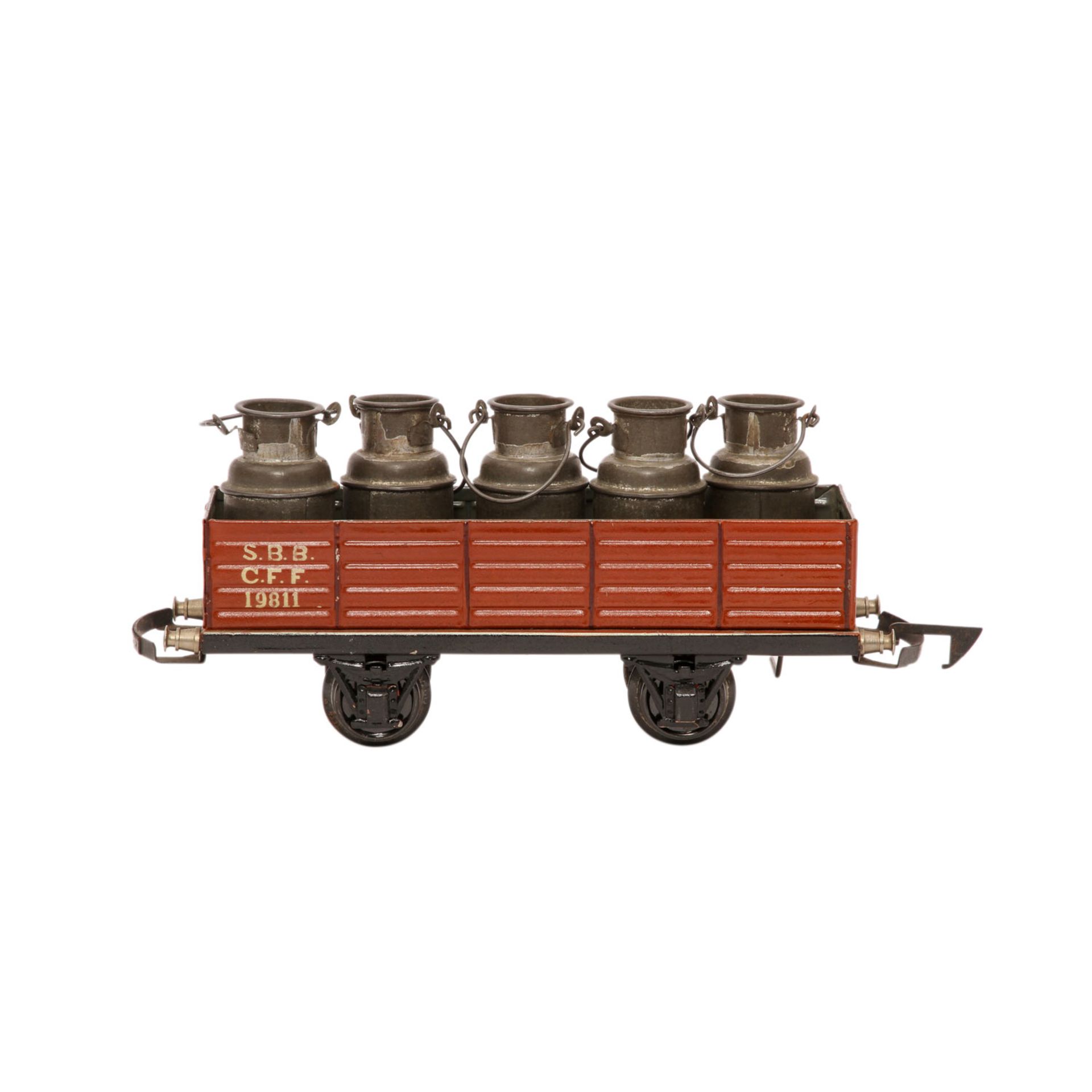 MÄRKLIN u.a. Offener Güterwagen mit Ladung, Spur 1, 1924-1931,Blech, braun lack., 2-achsig, - Image 5 of 7