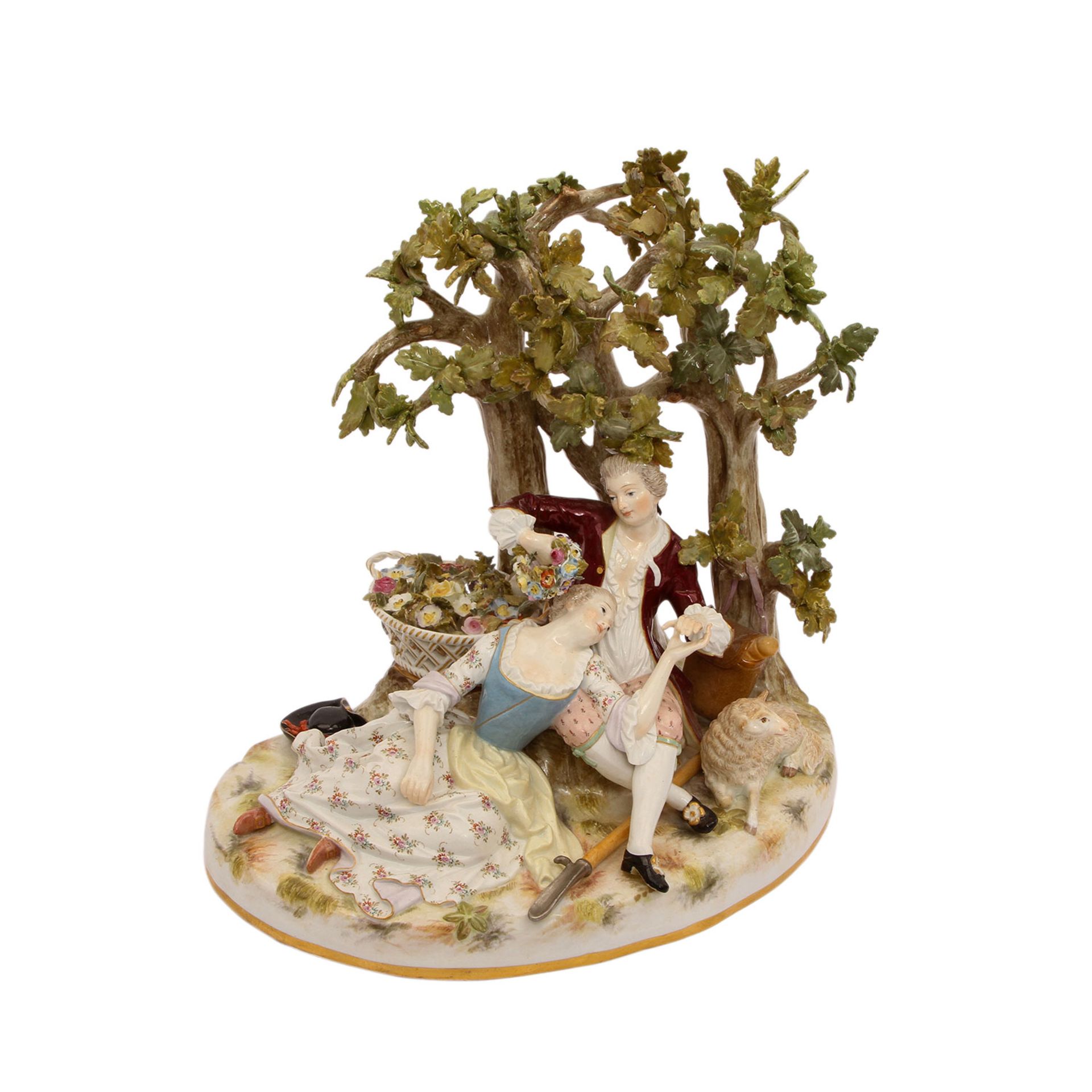 MEISSEN "Schäfergruppe mit Baum", 1870-1924.Modell von Johann Joachim Kaendler 1744, Ruhendes