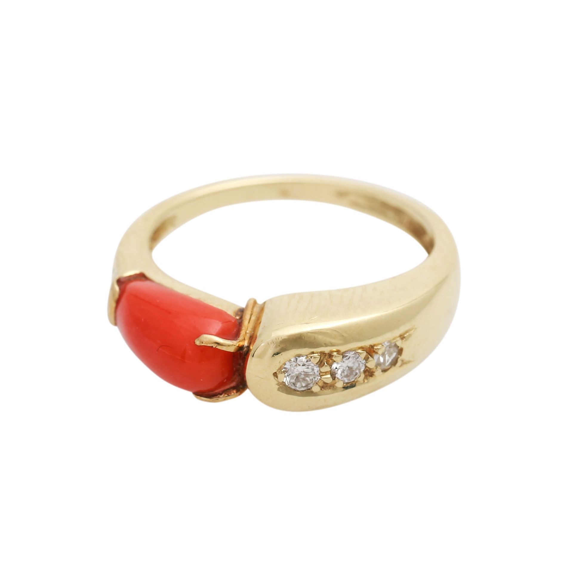 Schmuckset Ring und Ohrringe mit Koralleund kleinen Diamanten von zus. ca. 0,08 ct, Ring GG 14K, - Image 3 of 3
