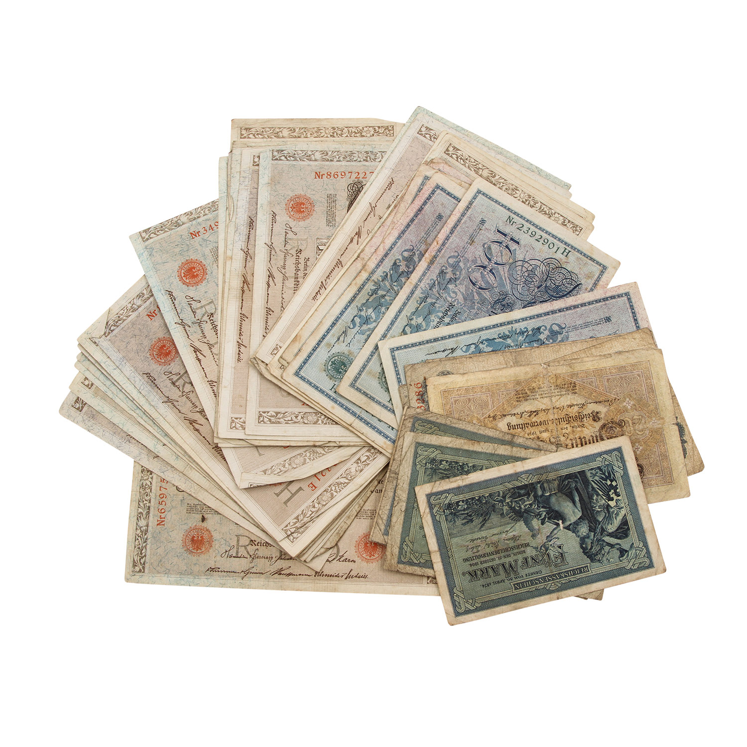 Bündel Banknoten, ca. 50 Stück, Reichsbanknoten/Reichskassenschein und Darlehenskassenschein.