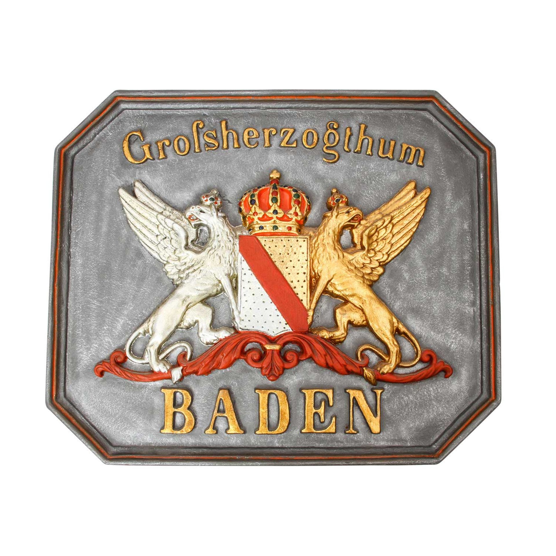 Baden - Schwere Wappenplatte Großherzogtum Baden, kolorierte massive Metallplatte, ca. 20 kg.