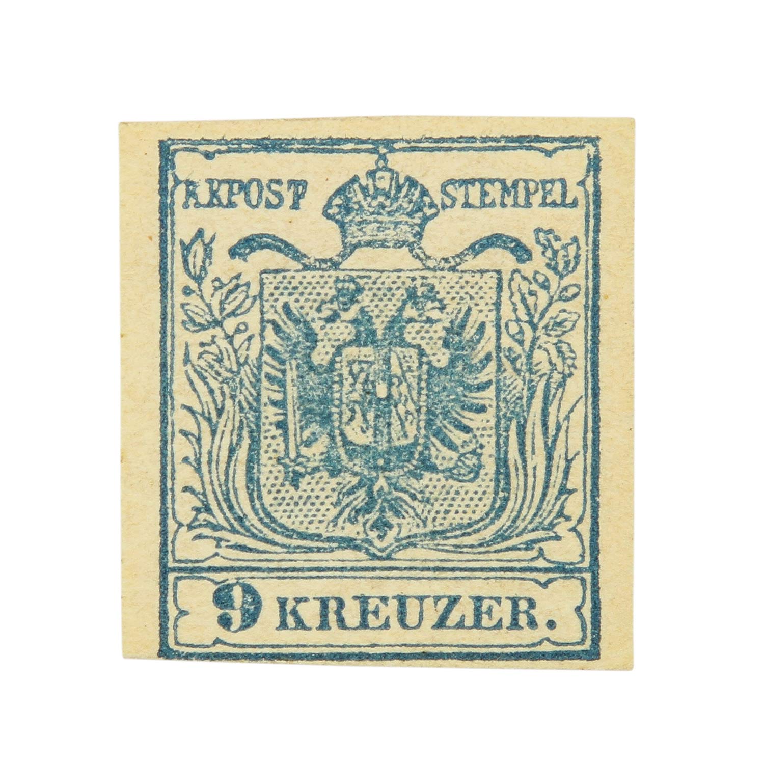 Österreich - 1850, 9 Kreuzer hellblau gefalzt, Maschinenpapier, dreiseitig vollrandig, unten links