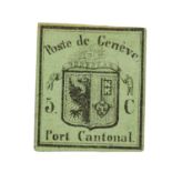 Schweiz, Kanton Genf - 1845, 5 C ungebraucht, Kleines Genfer Wappen, 3 seitig breitrandig, oben