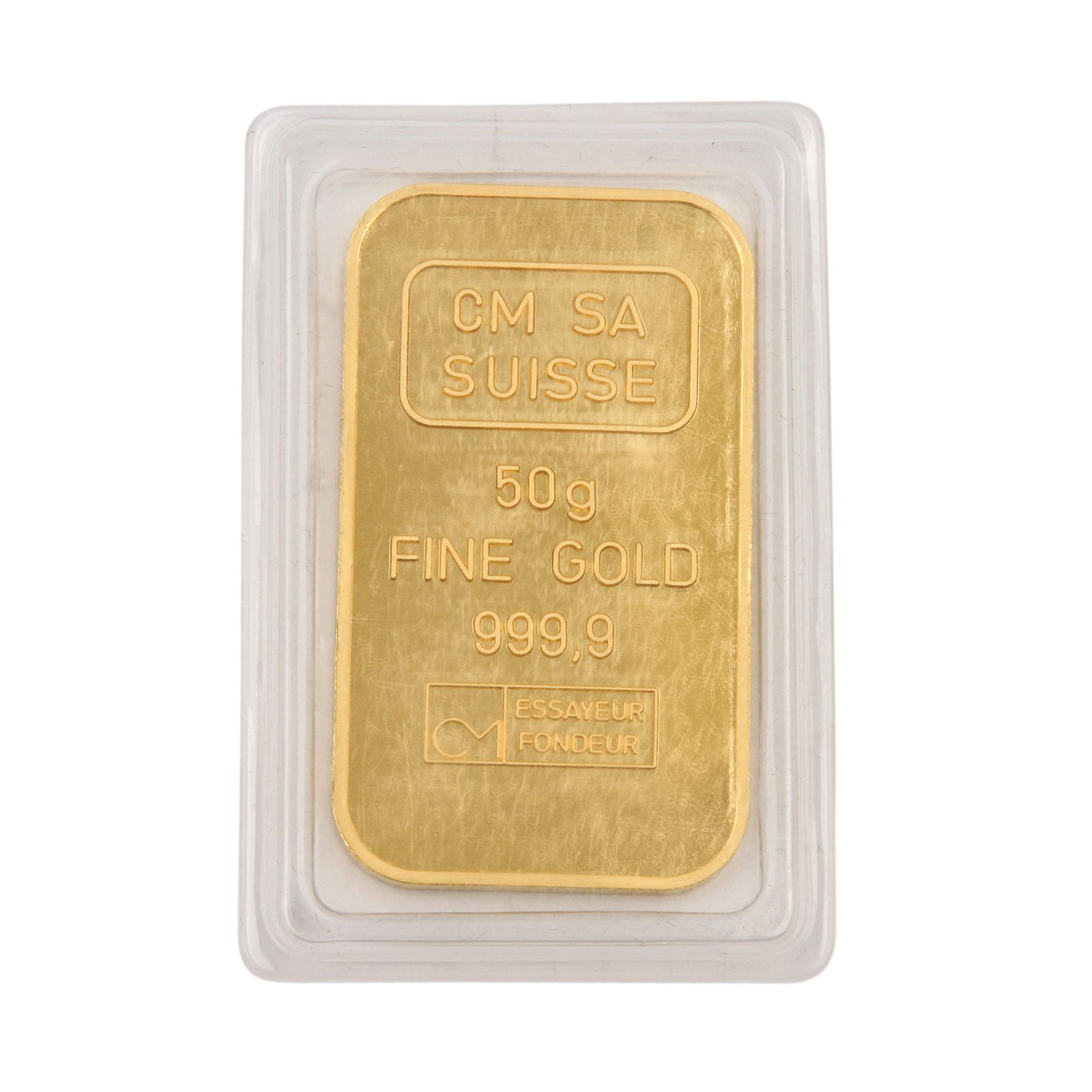 50g Goldbarren - 50g GOLD fein, geprägter Goldbarren von CM SA Suisse, eingeschweißt.