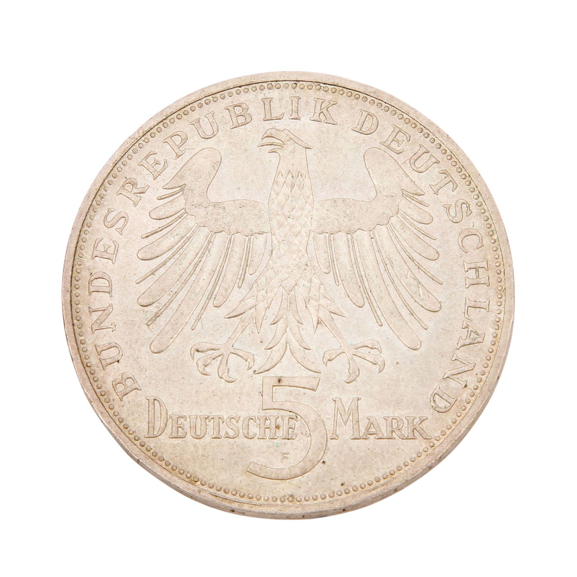 BRD - 5 Deutsche Mark 1955 F Schiller, J. 389, ss, leicht fleckig - Bild 2 aus 2