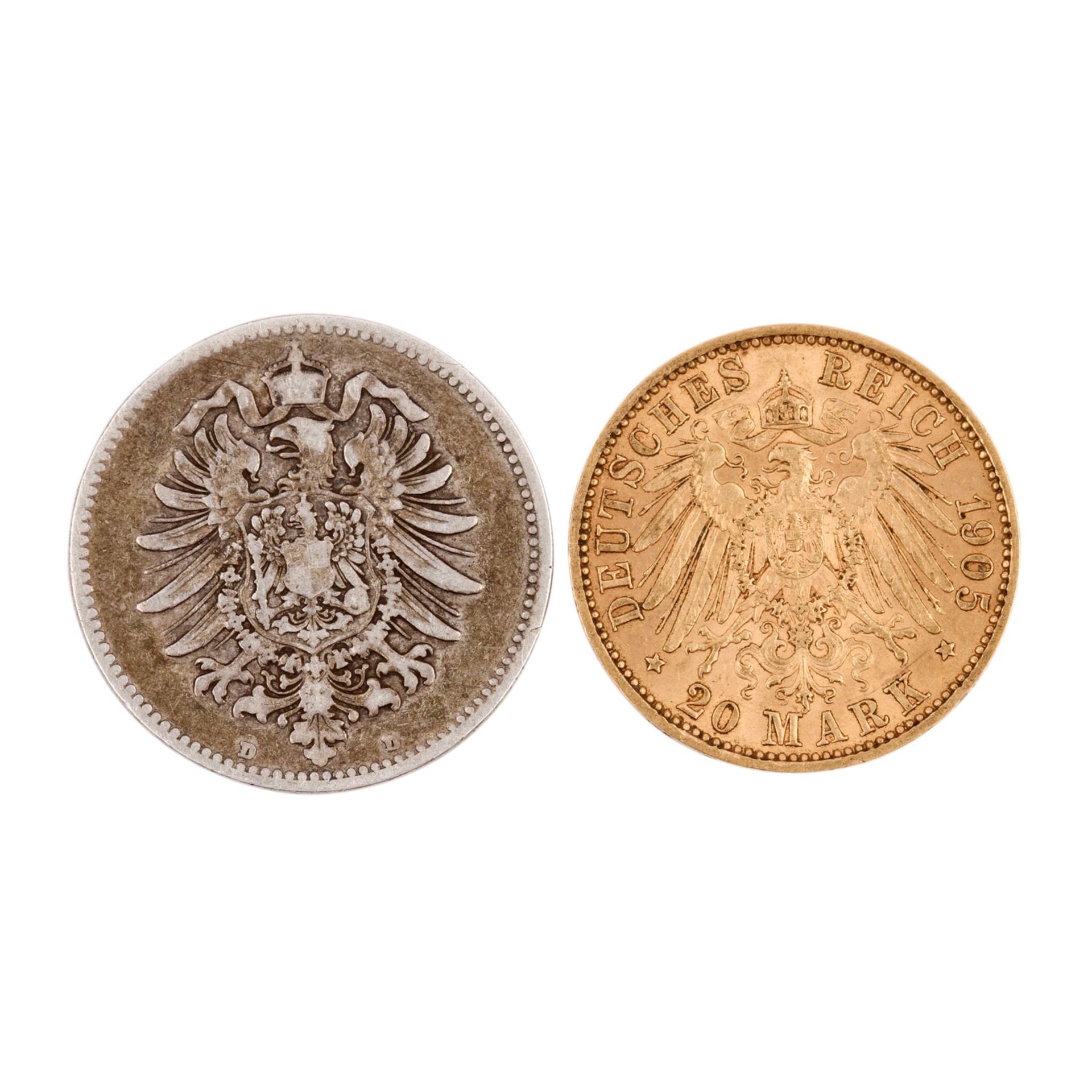 Sachsen/GOLD - 20 Mark 1905 E, Friedrich August v. Sachsen, ca. 7,16 g fein, ss. Dazu 1 Mark 1874 - Bild 2 aus 2