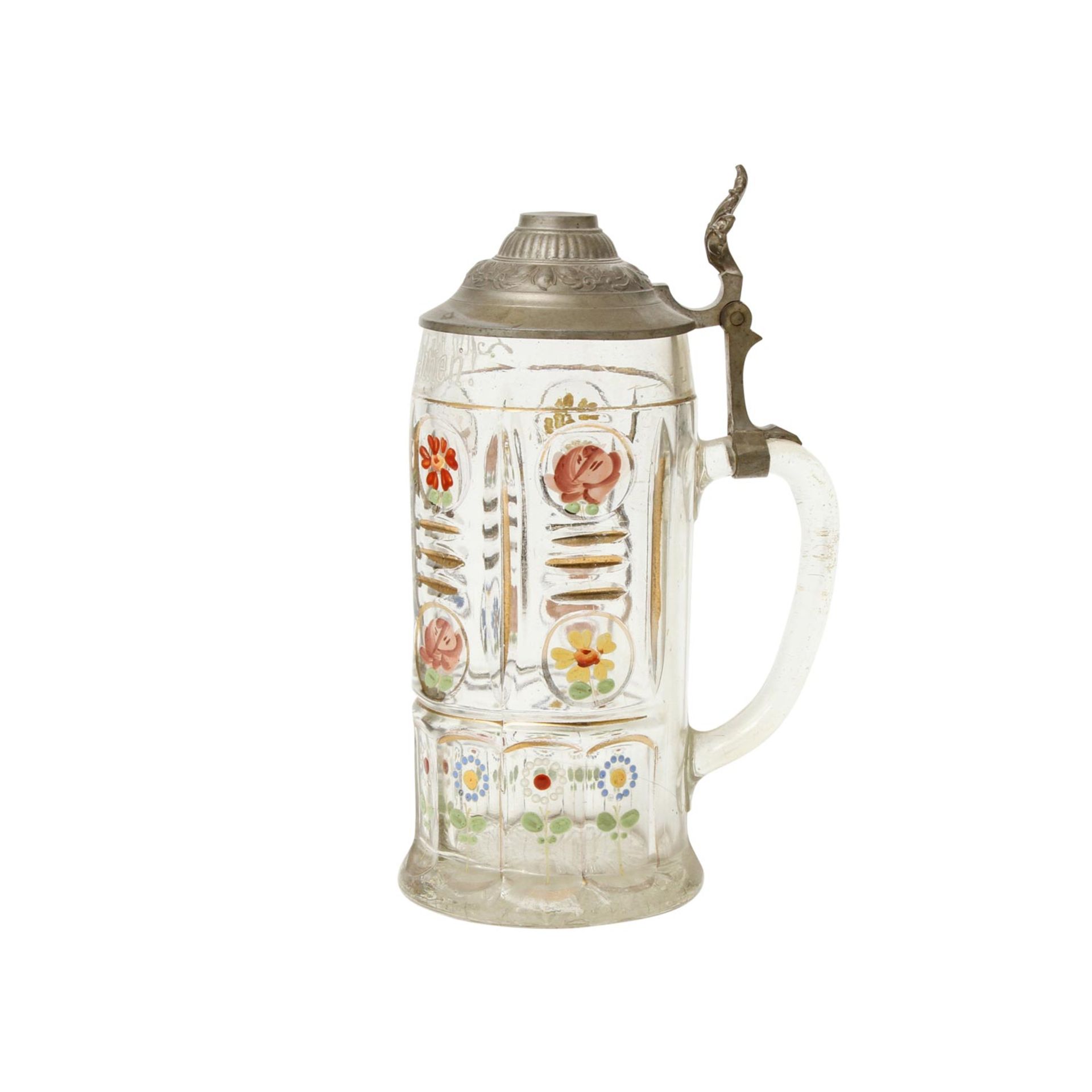 Floral bemalter Andenkenkrug aus Glas, polychrom staffiert, für 1l Bier, Zinndeckelmontur, "Zum - Bild 3 aus 5