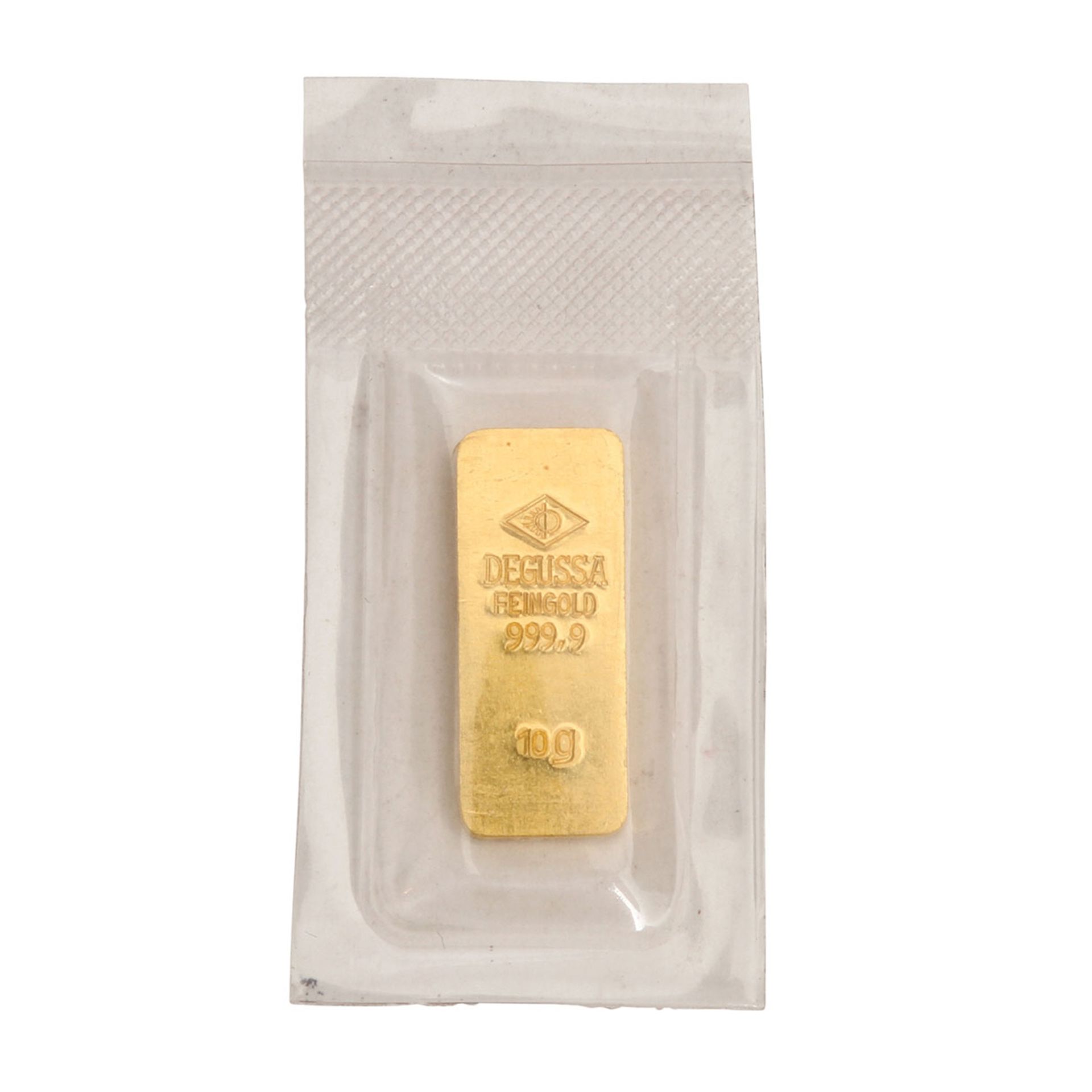 GOLDbarren - 10g GOLD fein, Goldbarren in hist. Form, Hersteller Degussa, geringe Oxidationsflecken,