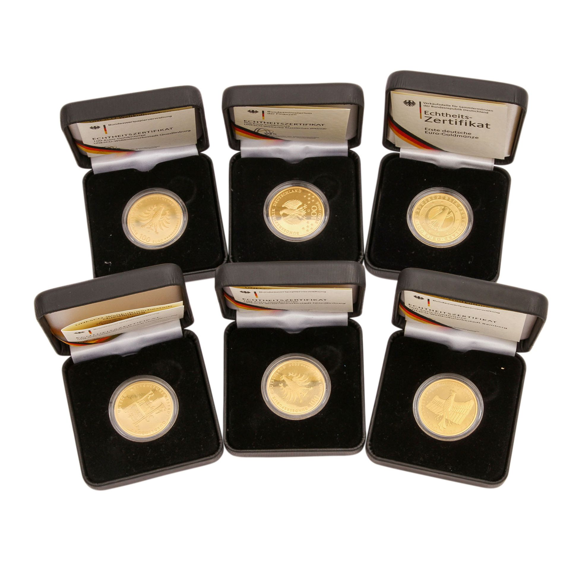 Schicker Goldposten BRD - bestehend aus 6 x 100 Euro der Jahre 2002/F, 2003 (3 x)/D (2 x) und A (1