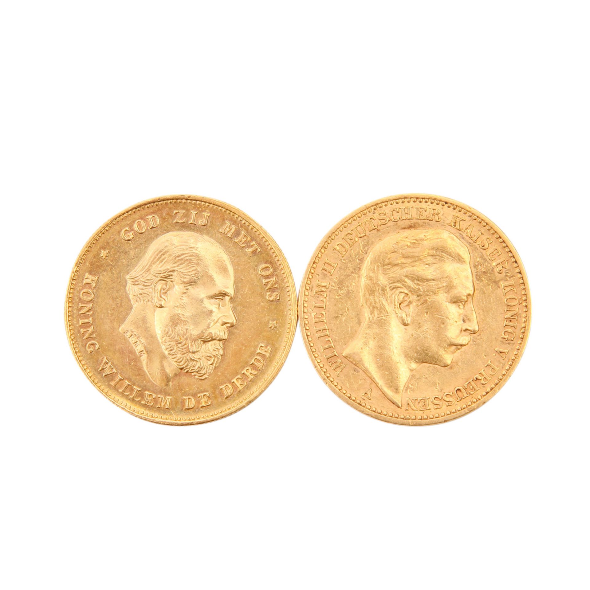 GOLD 20 Mark Preussen 1900 A Wilhelm II. und NL 10 Gulden 1875 Willem. Insgesamt ca. 13,2 g fein, - Bild 2 aus 2