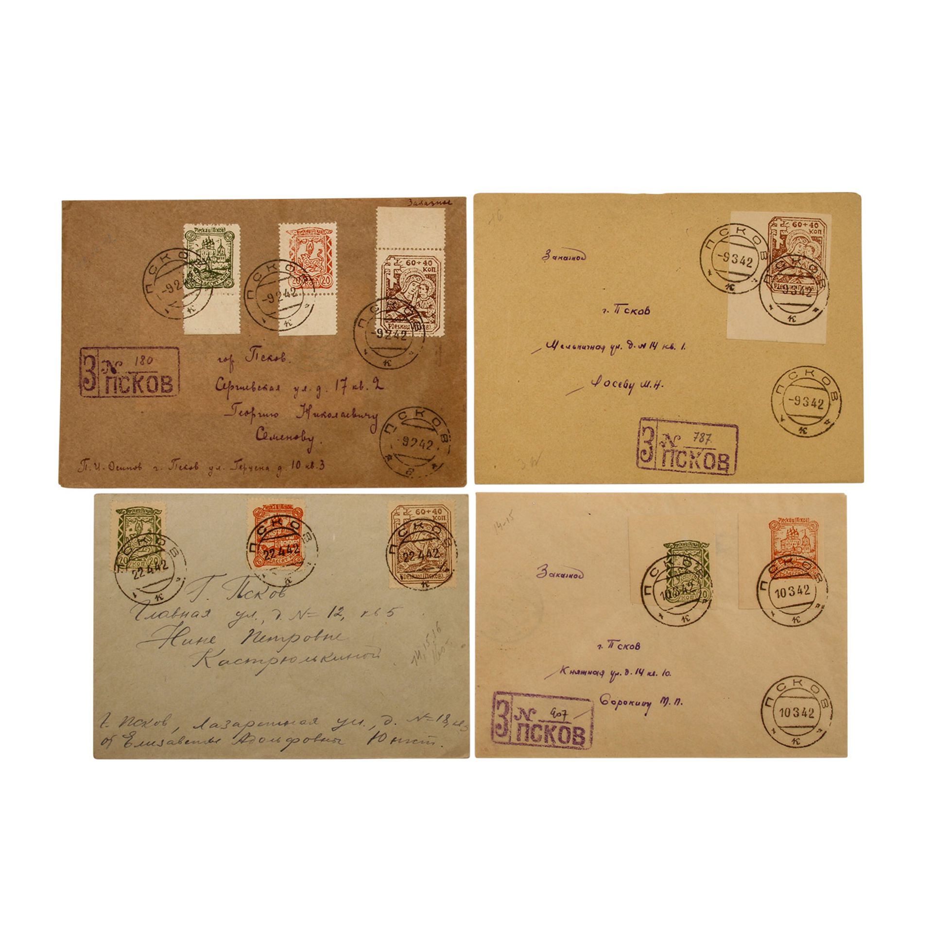 Dt. Besetzungsausgaben 1939/45 - Pleskau (Russland),4 Briefe (2 davon Einschreibebriefe), mit