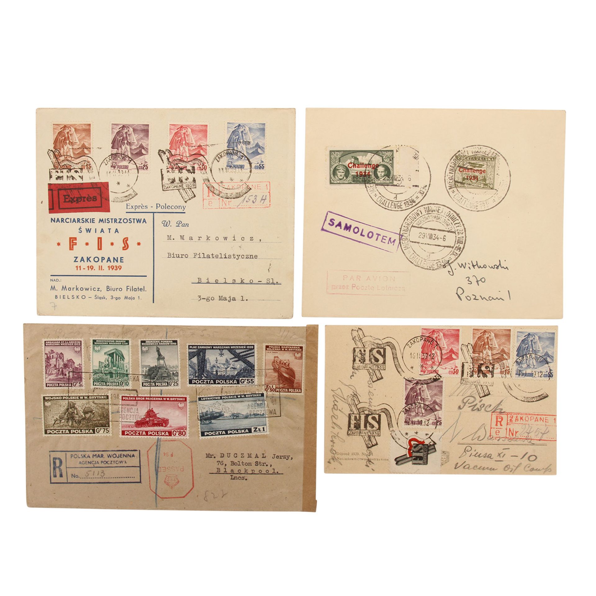 Polen - Brieflot 1933/39, 19 Belege,dabei FIS, Challenge-Flug, etc. (teils mehrfach, auch