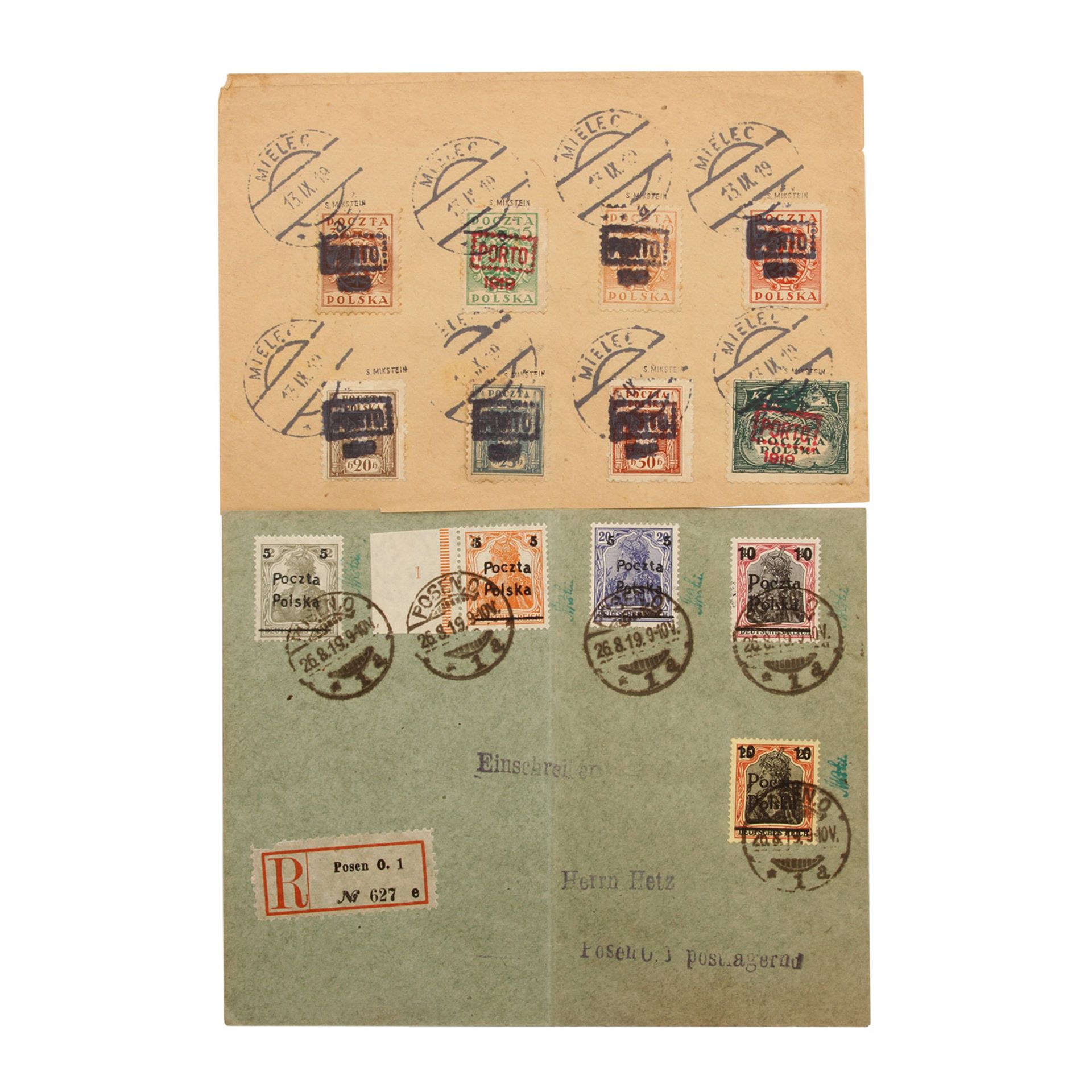 Polen - 1919, Brieflot von 7 Belegen,dabei 3 Einschreibebriefe der Germania Ausgabe mit Überdruck (