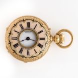 Damenumhängeuhr wohl um 1910 rückseitig m. mit fein emailliertem floralem Motiv umgeben von